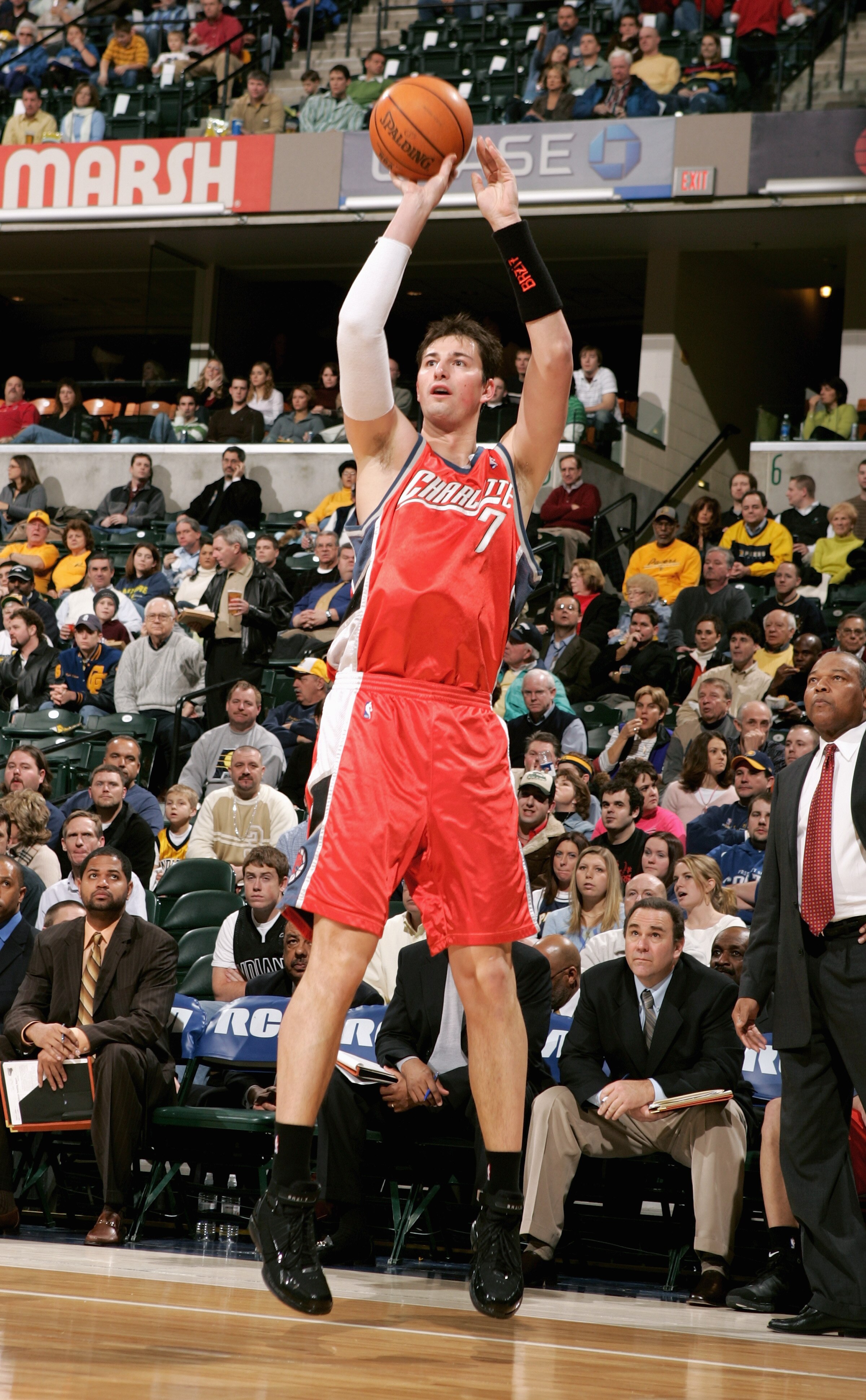 INDIANAPOLIS - JANUARY 18:  Primoz Brezec #7 of the Charlotte Bobcats takes a jump shot  during the game with the Indiana Pacers on January 18, 2006 at Conseco Fieldhouse in Indianapolis, Indiana. The Pacers defeated the Bobcats 98-92. NOTE TO USER: User
