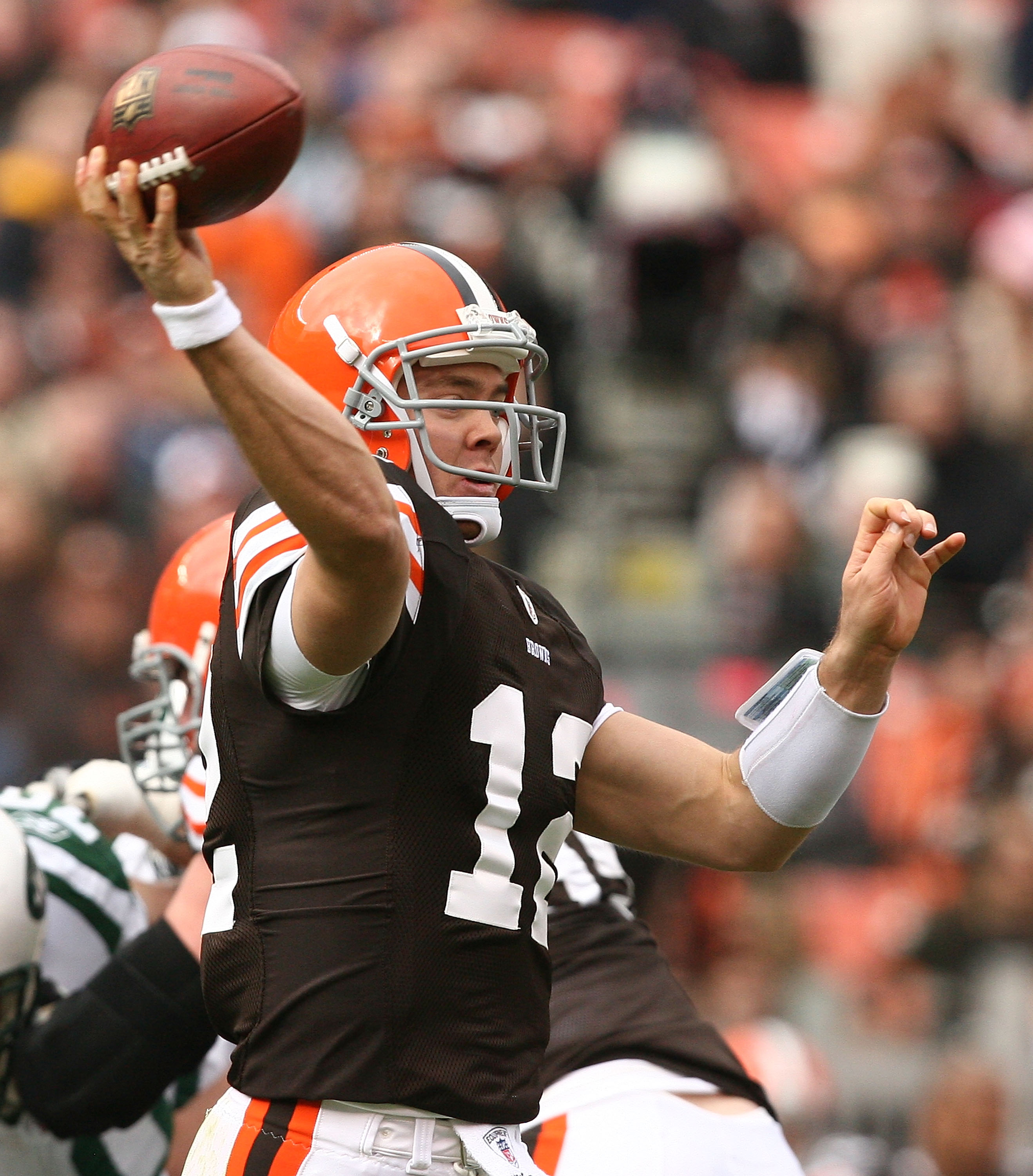 CLEVELAND - NOVEMBER 14:  Quarterback Colt McCoy #12 of the Cleveland Browns throws to a receiver against the New York Jets at Cleveland Browns Stadium on November 14, 2010 in Cleveland, Ohio.  (Photo by Matt Sullivan/Getty Images)