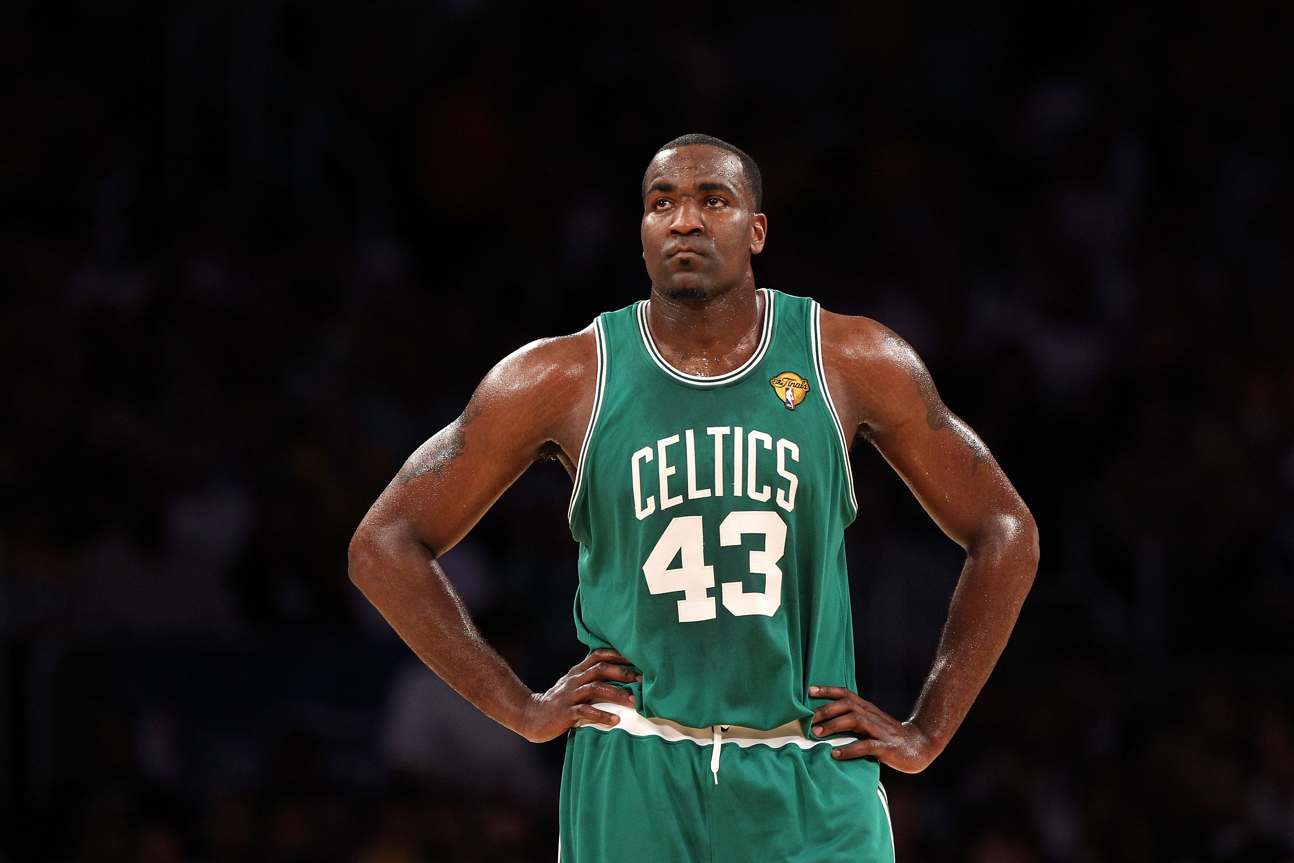 LOS ANGELES, CA - JUNE 06:  Kendrick Perkins #43 of the Boston Celtics looks on against the Los Angeles Lakers in Game Two of the 2010 NBA Finals at Staples Center on June 6, 2010 in Los Angeles, California. The Celtics won 102-94. NOTE TO USER: User expr