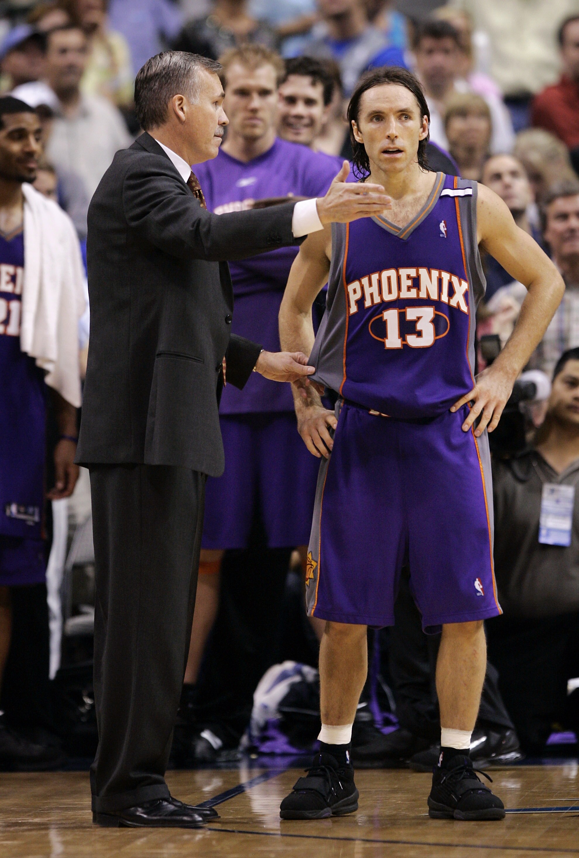 DALLAS, TX - MAY 20: Head coach Mike D'Antoni talks with Steve Nash #13 of the Pheonix Suns in overtime against the Dallas Mavericks in Game six of the Western Conference Semi-finals during the 2005 NBA Playoffs at the American Airlines Center on May 20,