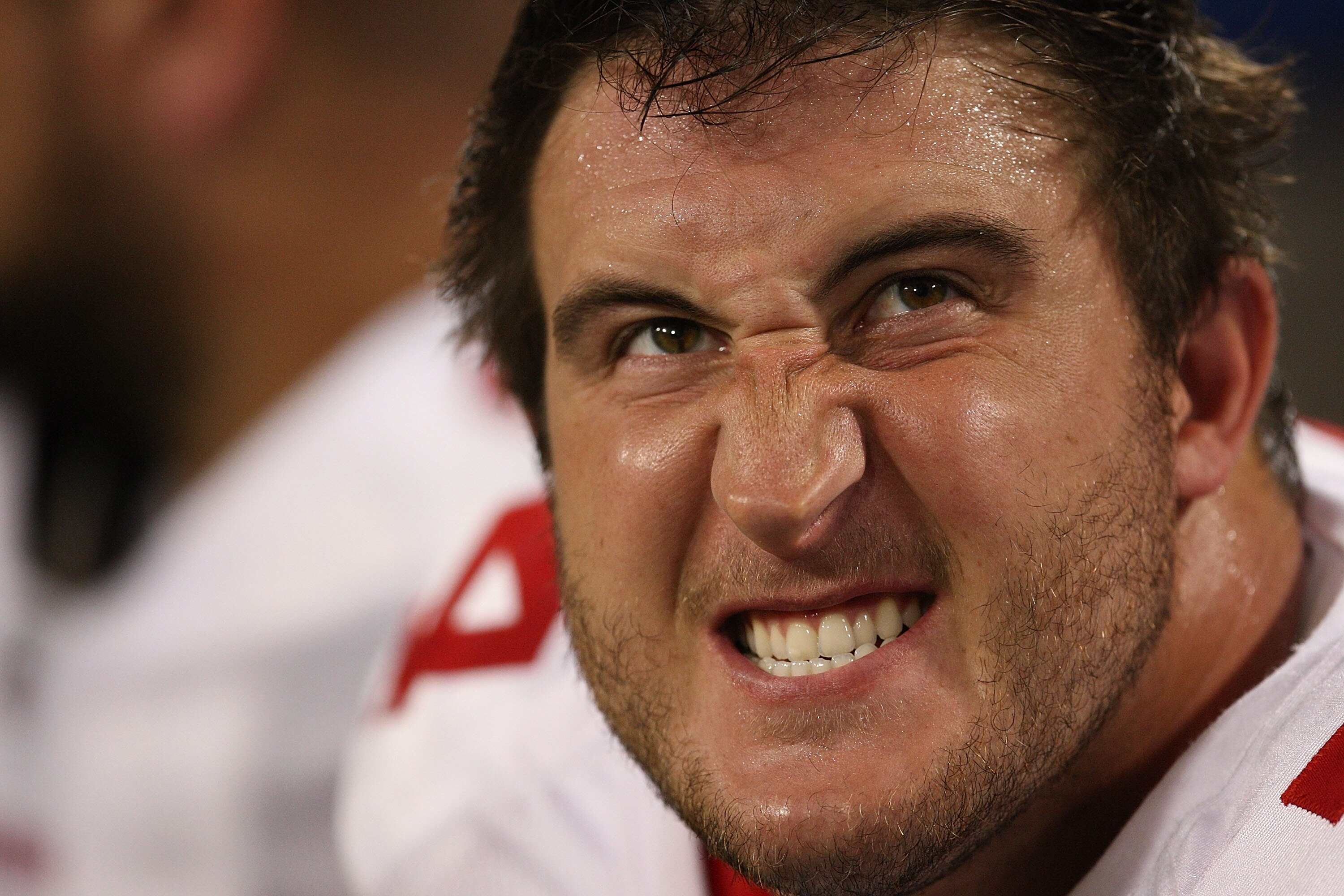 MINNEAPOLIS - SEPTEMBER 27: Joe Staley #74 of the San Francisco 49ers reacts to a play while sitting on the bench during a game against the Minnesota Vikings at the Hubert H. Humphrey Metrodome on September 27, 2009 in Minneapolis, Minnesota. The Vikings