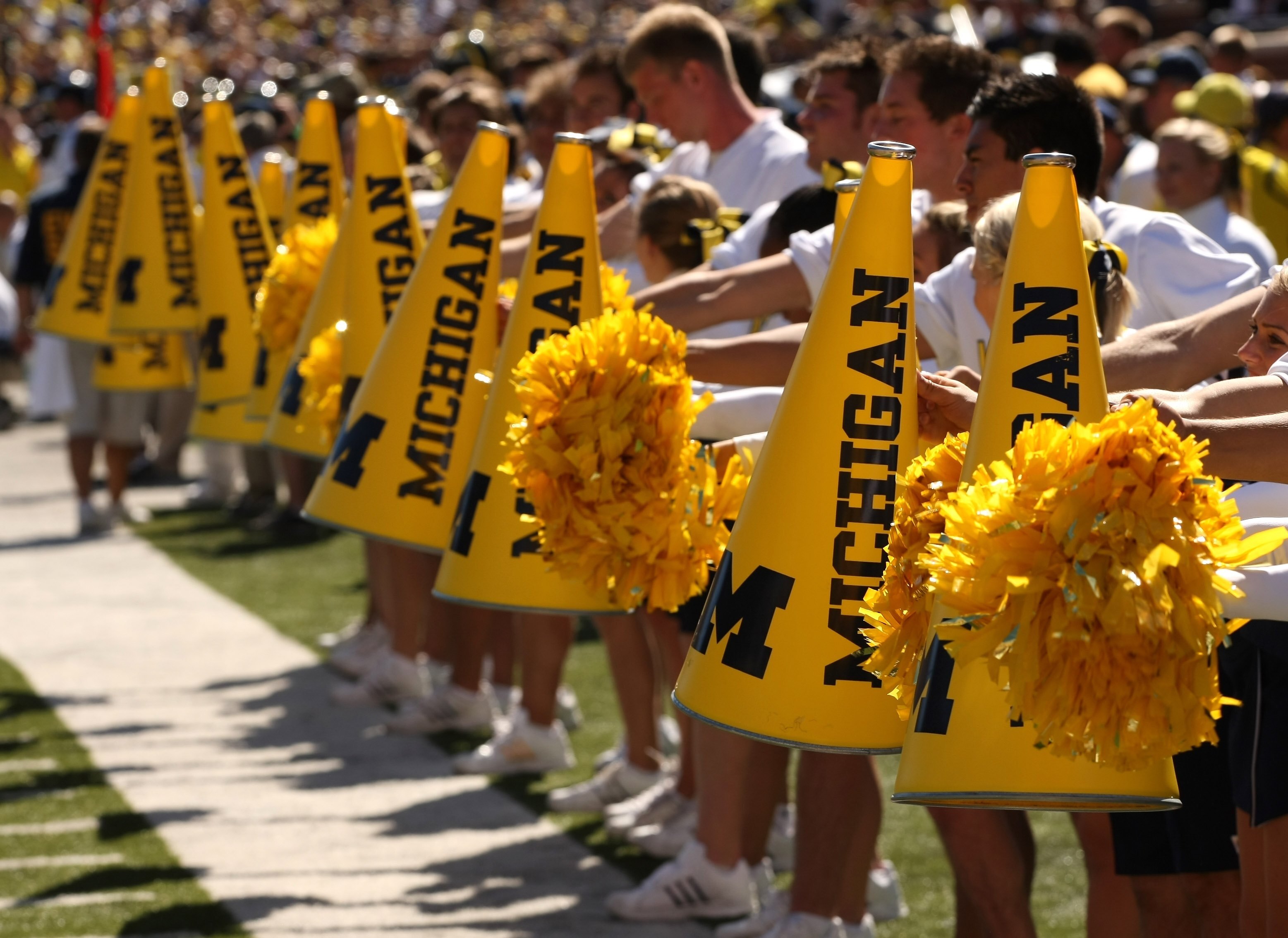 ANN ARBOR, MI - SEPTEMBER 19:  The Michigan Wolverines cheerleaders perform during the game with the Eastern Michigan Eagles at Michigan Stadium on September 19, 2009 in Ann Arbor, Michigan.  Michigan won 45-17.  (Photo by Stephen Dunn/Getty Images)