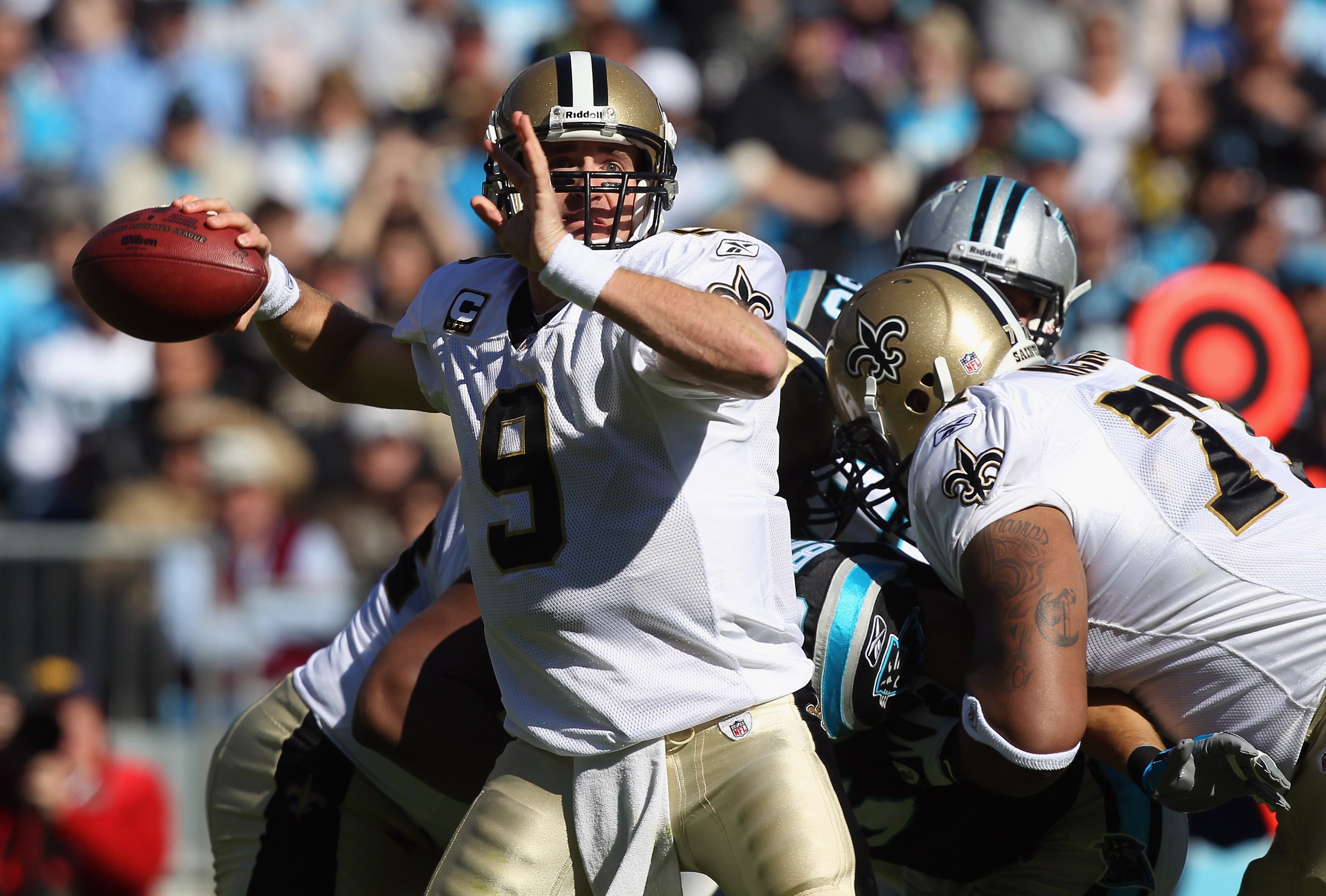 CHARLOTTE, NC - NOVEMBER 07:  Drew Brees #9 of the New Orleans Saints against the Carolina Panthers during their game at Bank of America Stadium on November 7, 2010 in Charlotte, North Carolina.  (Photo by Streeter Lecka/Getty Images)