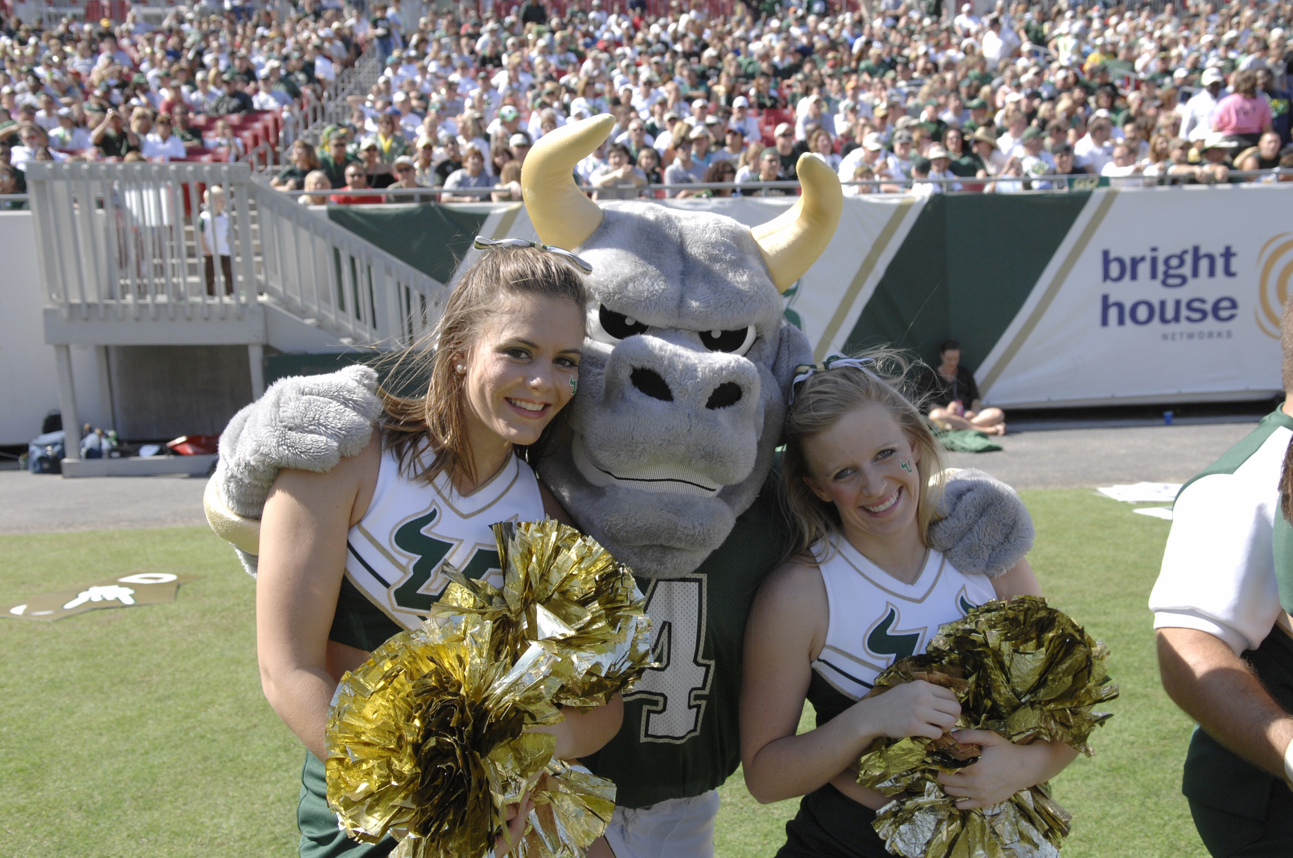 South Florida cheerleaders and mascot at  Raymond James Stadium during  play against Pittsburgh  Nov. 4, 2006 against South Florida.  The Bulls upset the Panthers 22 - 12. (Photo by A. Messerschmidt/Getty Images) *** Local Caption ***