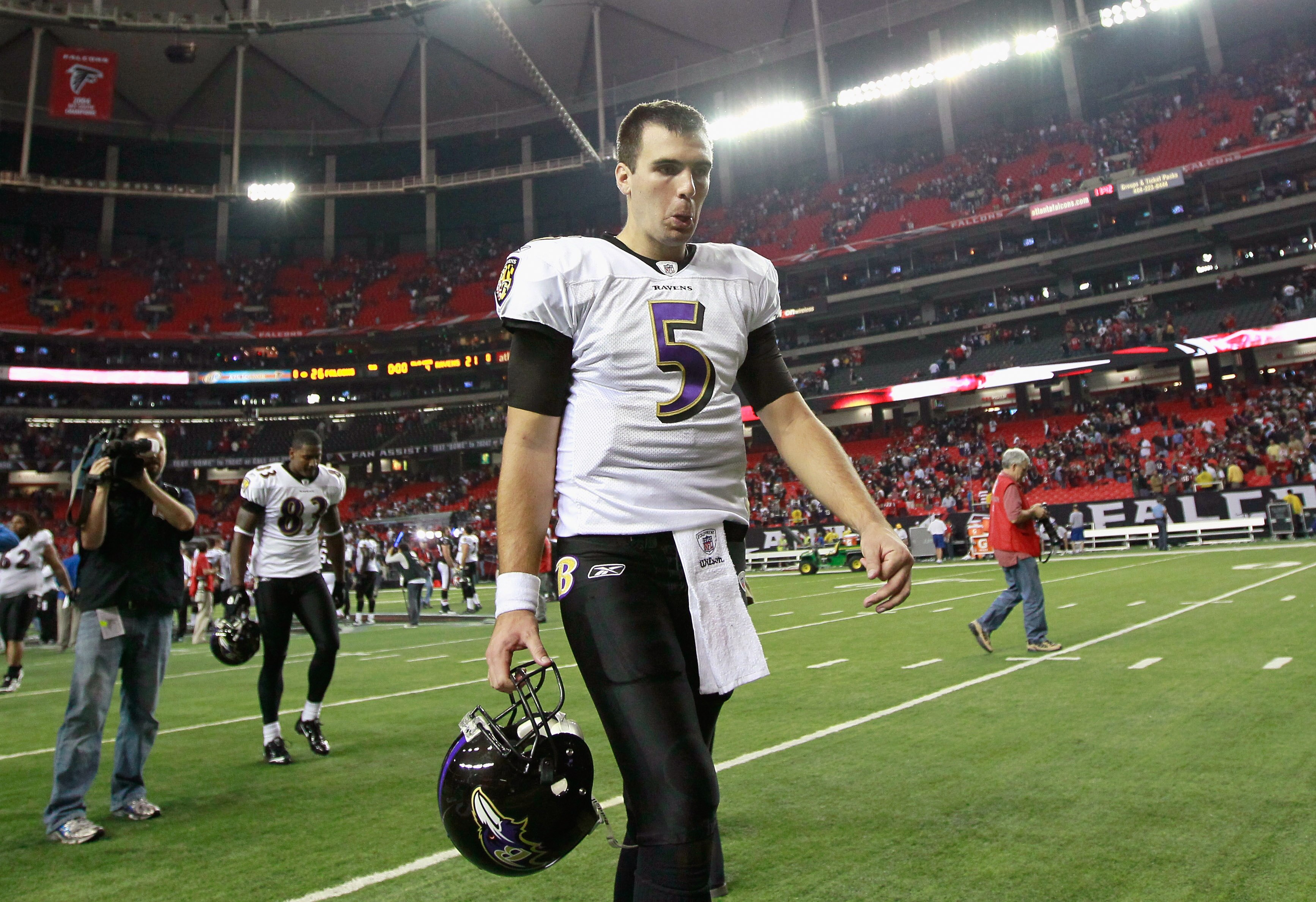 ATLANTA - NOVEMBER 11:  Quarterback Joe Flacco #5 of the Baltimore Ravens walks off the field after thier 26-21 loss to the Atlanta Falcons at Georgia Dome on November 11, 2010 in Atlanta, Georgia.  (Photo by Kevin C. Cox/Getty Images)