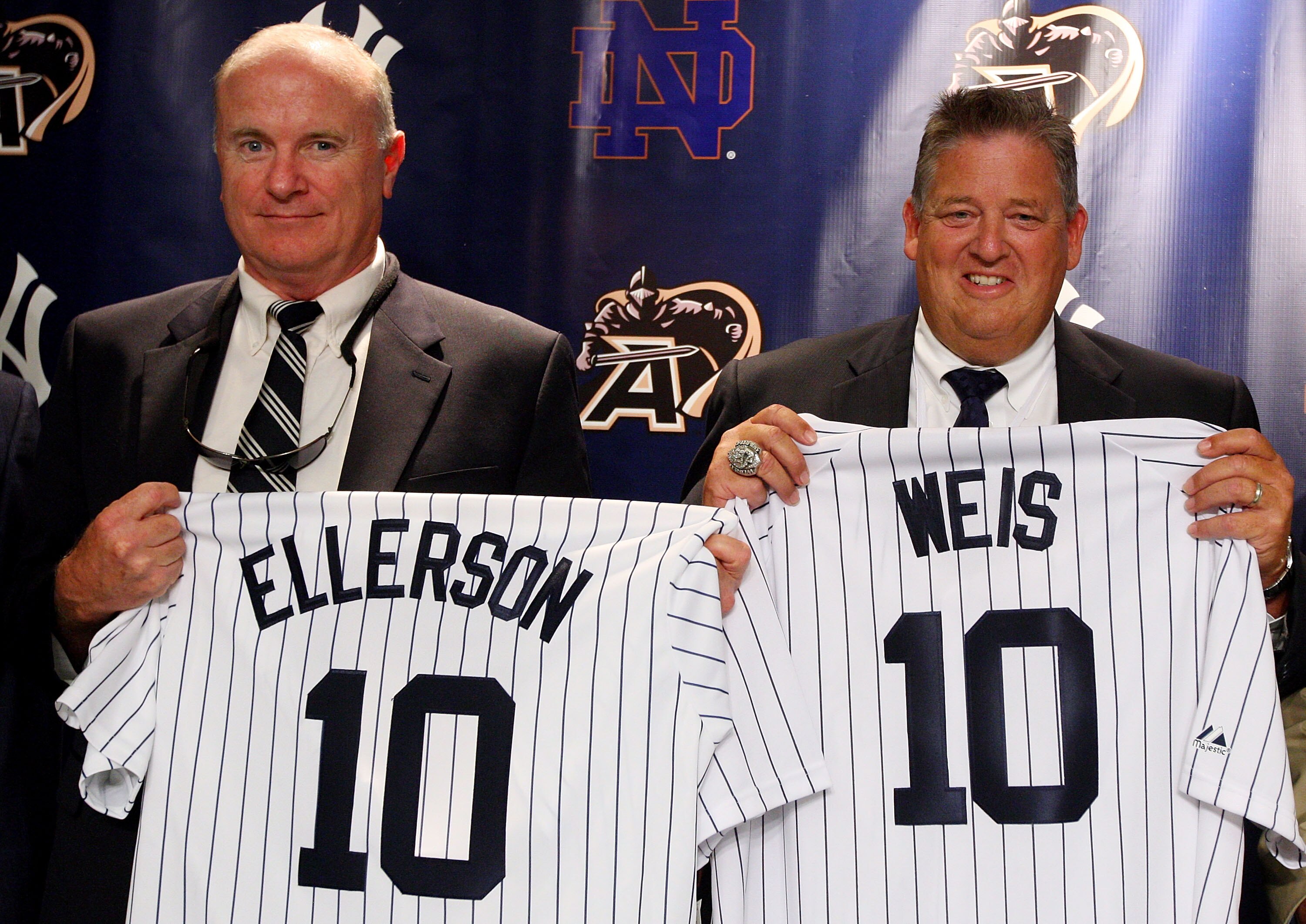 NEW YORK - JULY 20:  Army head coach Rich Ellerson and Notre Dame head coach Charlie Weiss pose during a press conference announcing that Yankee Stadium will play host to the 2010 Notre Dame v Army college football game on July 20, 2009 at Yankee Stadium