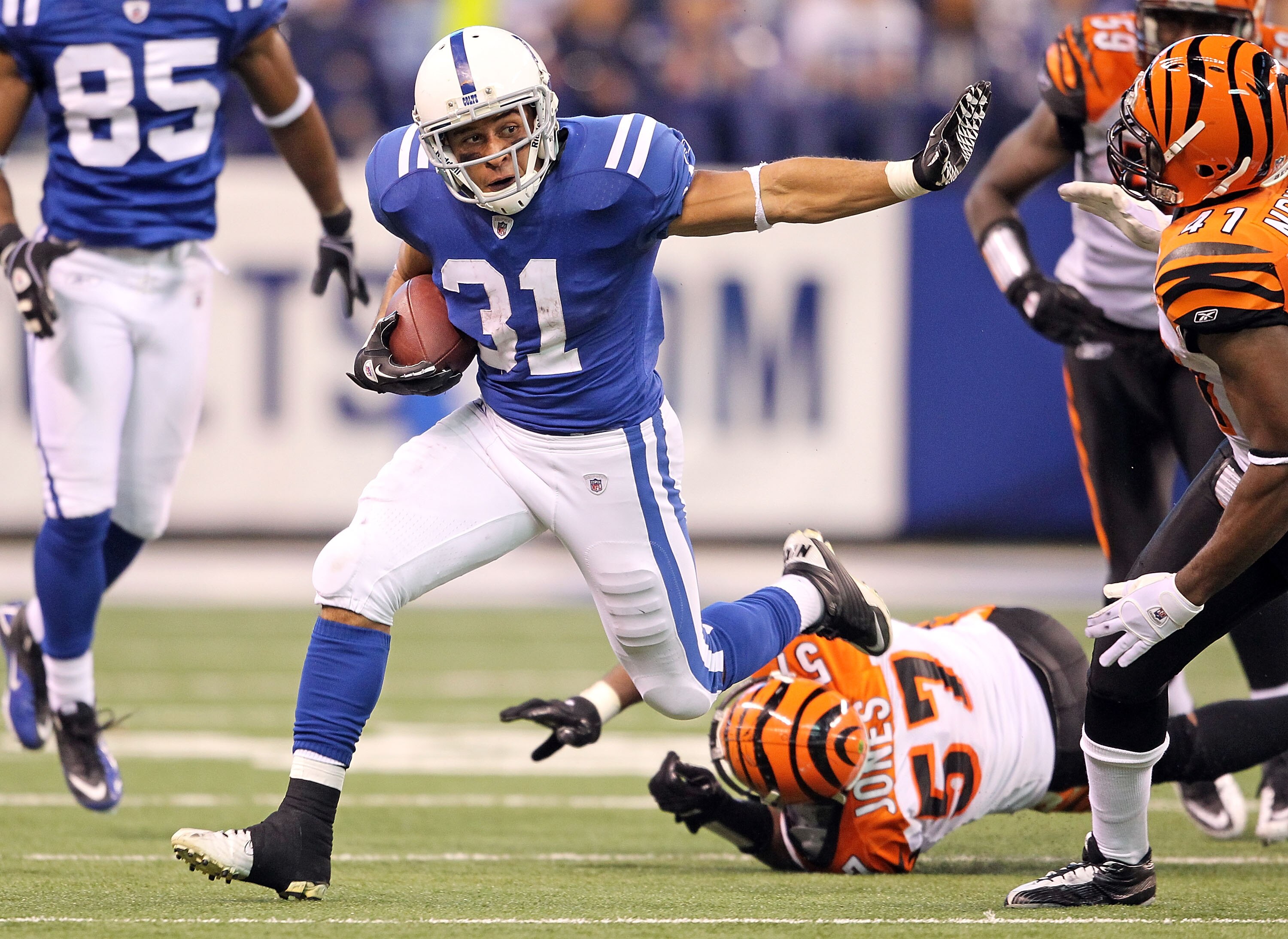 INDIANAPOLIS - NOVEMBER 14:  Donald Brown #31 of the Indianapolis Colts runs with the ball during the NFL game against the Cincinnati Bengals at Lucas Oil Stadium on November 14, 2010 in Indianapolis, Indiana. The Colts won 23-17.  (Photo by Andy Lyons/Ge