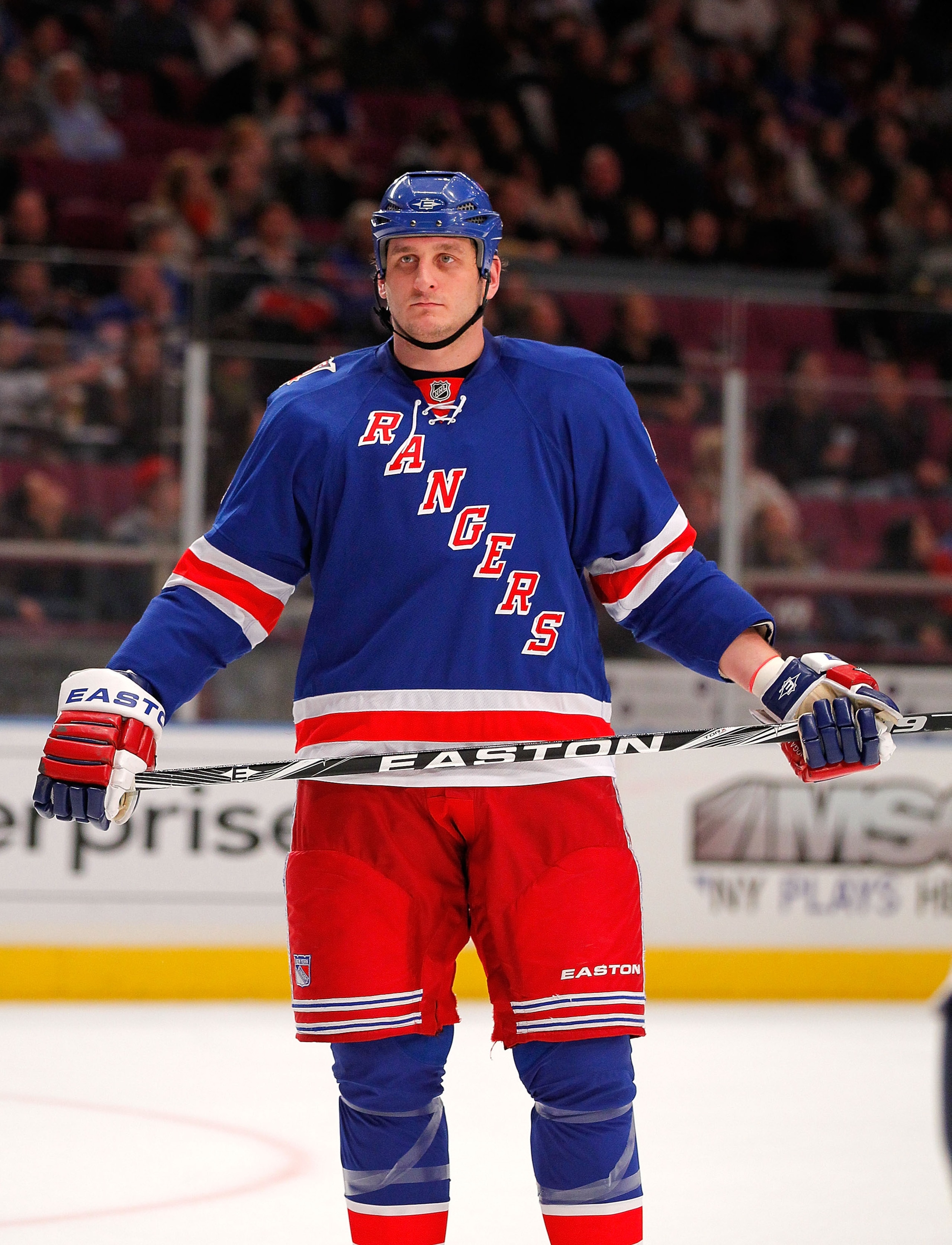 NEW YORK - NOVEMBER 14:  Derek Boogaard #94 of the New York Rangers waits for a faceoff during a hockey game against the Edmonton Oilers at Madison Square Garden on November 14, 2010 in New York City.  (Photo by Paul Bereswill/Getty Images)