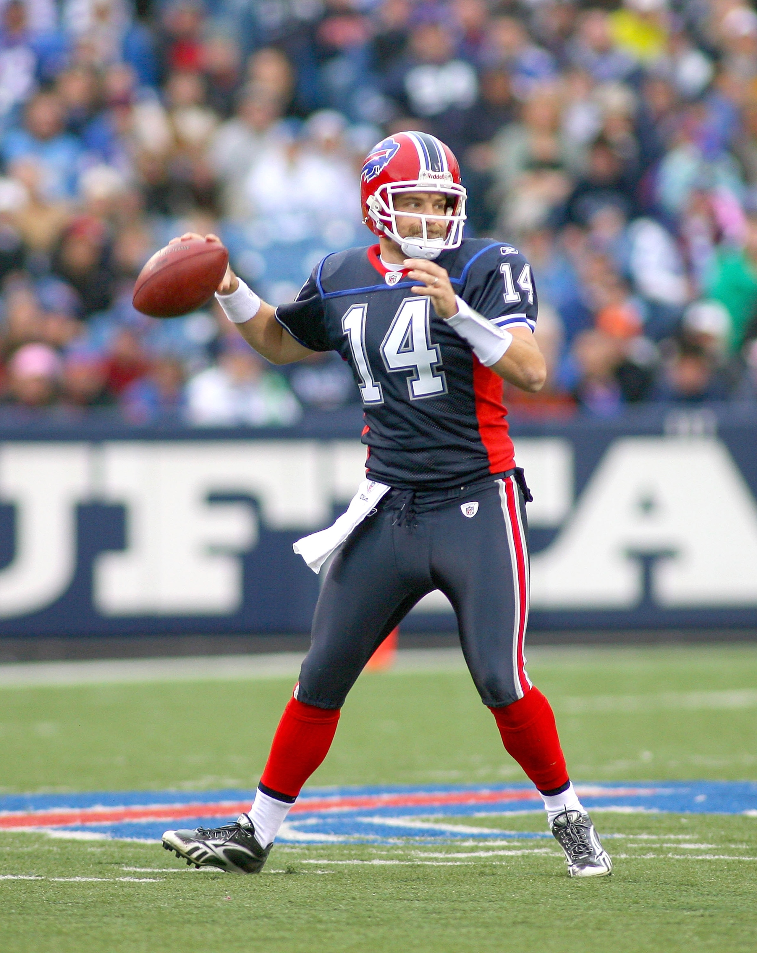 ORCHARD PARK, NY - NOVEMBER 14: Ryan Fitzpatrick  #14 of the Buffalo Bills readies to through a pass against the Detroit Lions at Ralph Wilson Stadium on November 14, 2010 in Orchard Park, New York.  (Photo by Rick Stewart/Getty Images)
