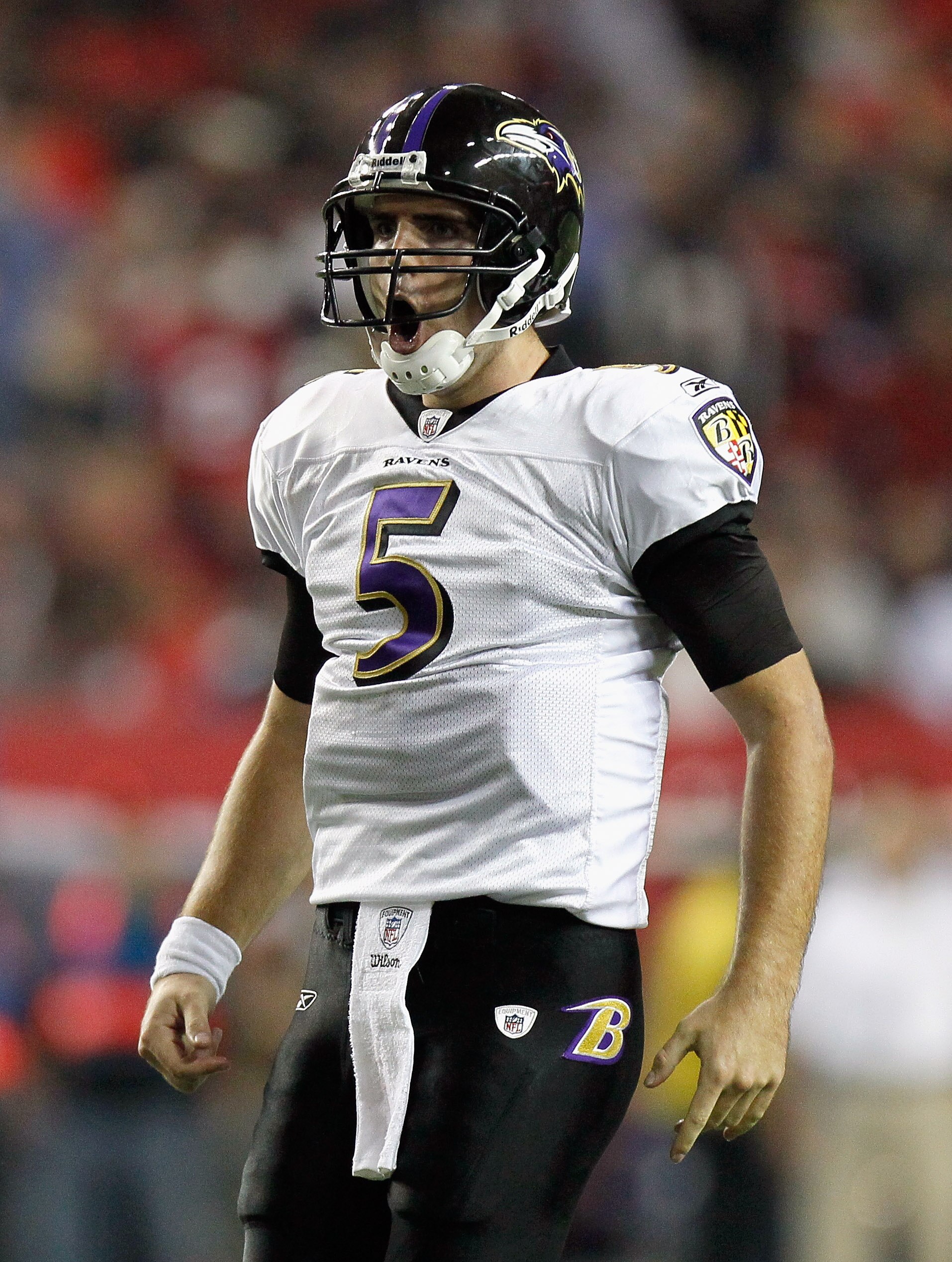 ATLANTA - NOVEMBER 11: Quarterback Joe Flacco #5 of the Baltimore Ravens reacts after tossing a touchdown reception against the Atlanta Falcons at Georgia Dome on November 11, 2010 in Atlanta, Georgia. (Photo by Kevin C. Cox/Getty Images) ATLANTA - NOVEMBER 11: Quarterback Joe Flacco #5 of the Baltimore Ravens reacts after tossing a touchdown reception against the Atlanta Falcons at Georgia Dome on November 11, 2010 in Atlanta, Georgia. (Photo by Kevin C. Cox/Getty Images)