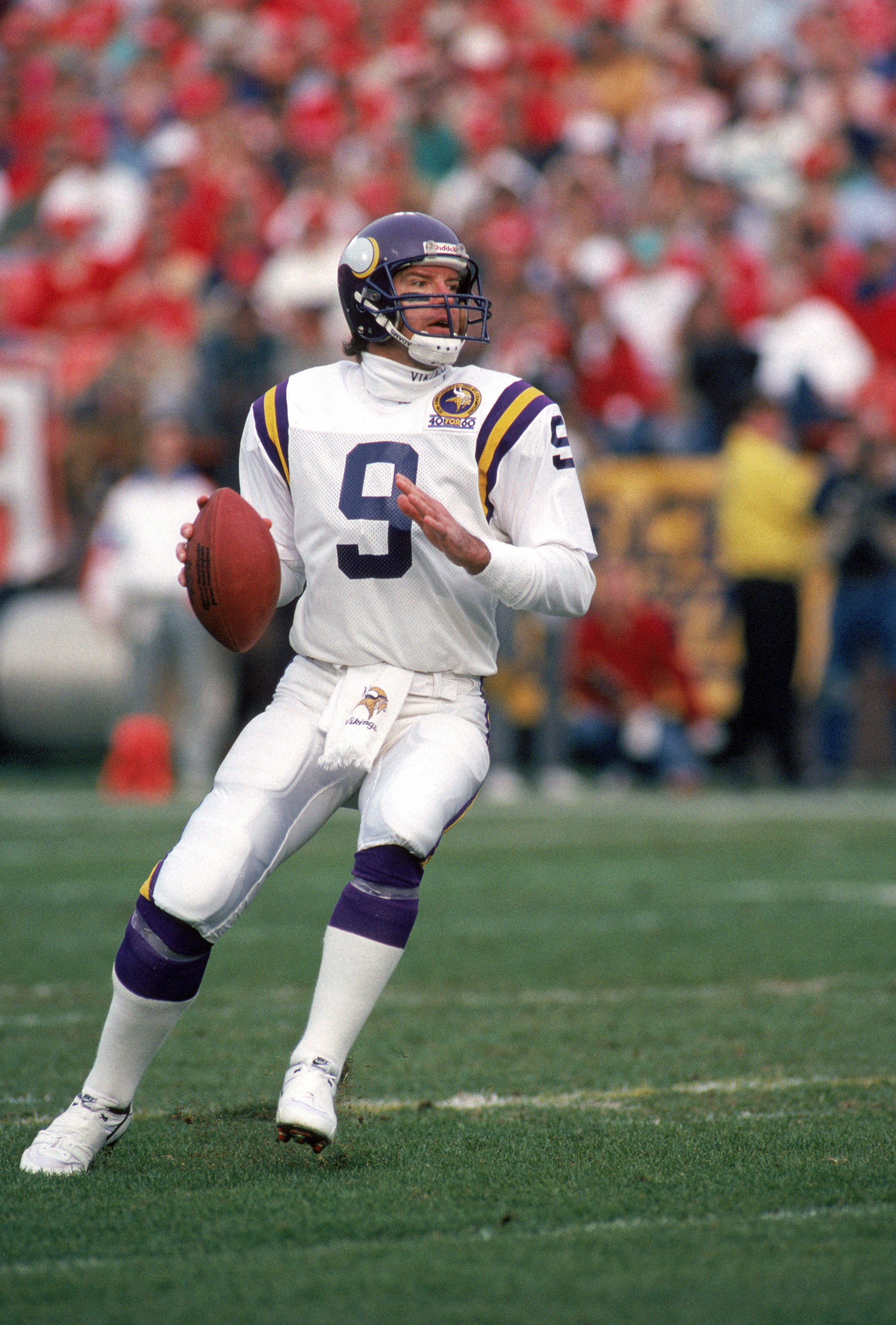 SAN FRANCISCO - JANUARY 6:  Quarterback Tommy Kramer #9 of the Minnesota Vikings looks to pass against the San Francisco 49ers during the 1989 NFC Divisional Playoff game at Candlestick Park on January 6, 1990 in San Francisco, California.  The 49ers won