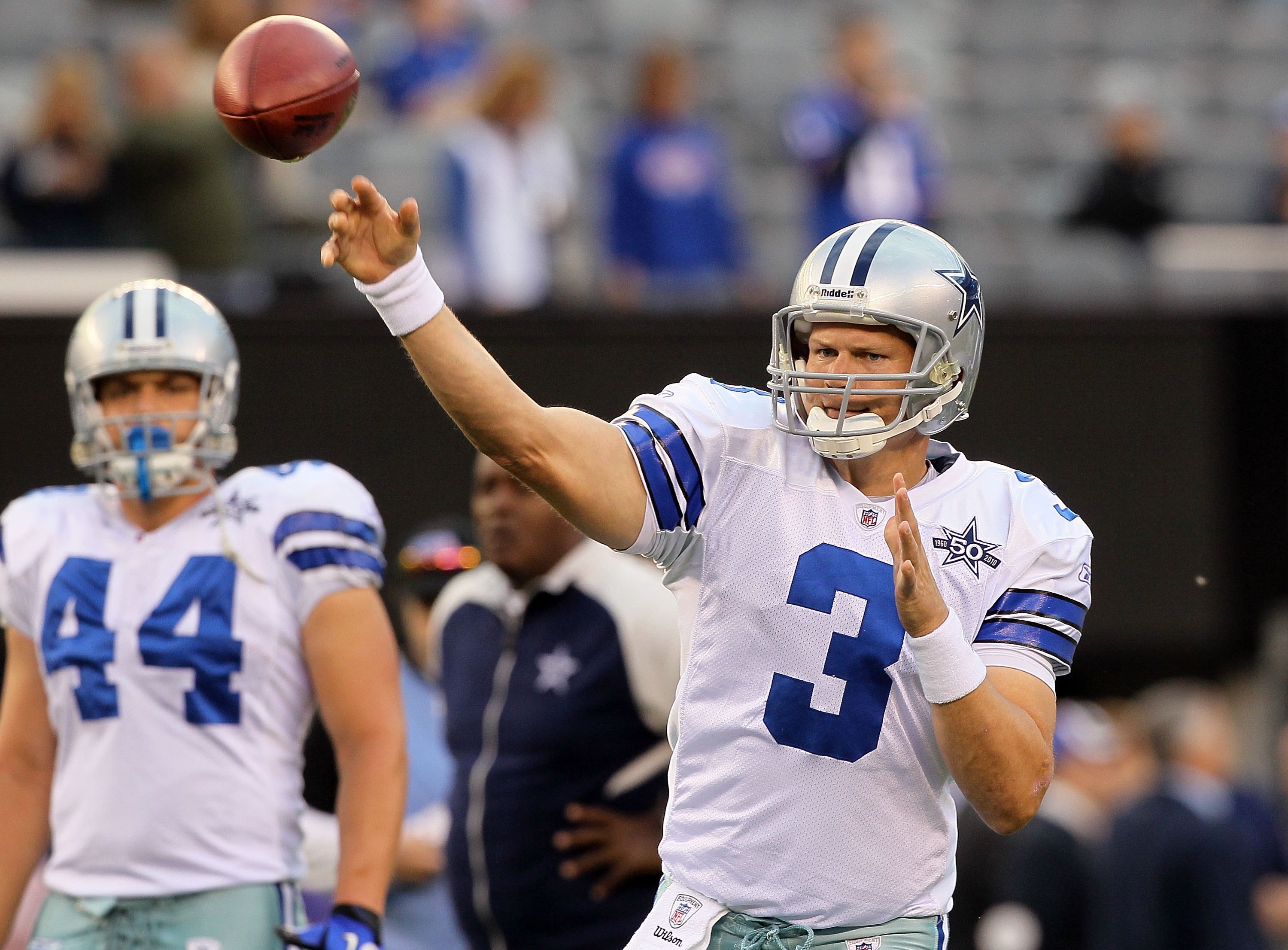 EAST RUTHERFORD, NJ - NOVEMBER 14: Jon Kitna #3 of the Dallas Cowboys warms up prior to playing against the New York Giants on November 14, 2010 at the New Meadowlands Stadium in East Rutherford, New Jersey. (Photo by Jim McIsaac/Getty Images) EAST RUTHERFORD, NJ - NOVEMBER 14: Jon Kitna #3 of the Dallas Cowboys warms up prior to playing against the New York Giants on November 14, 2010 at the New Meadowlands Stadium in East Rutherford, New Jersey. (Photo by Jim McIsaac/Getty Images)