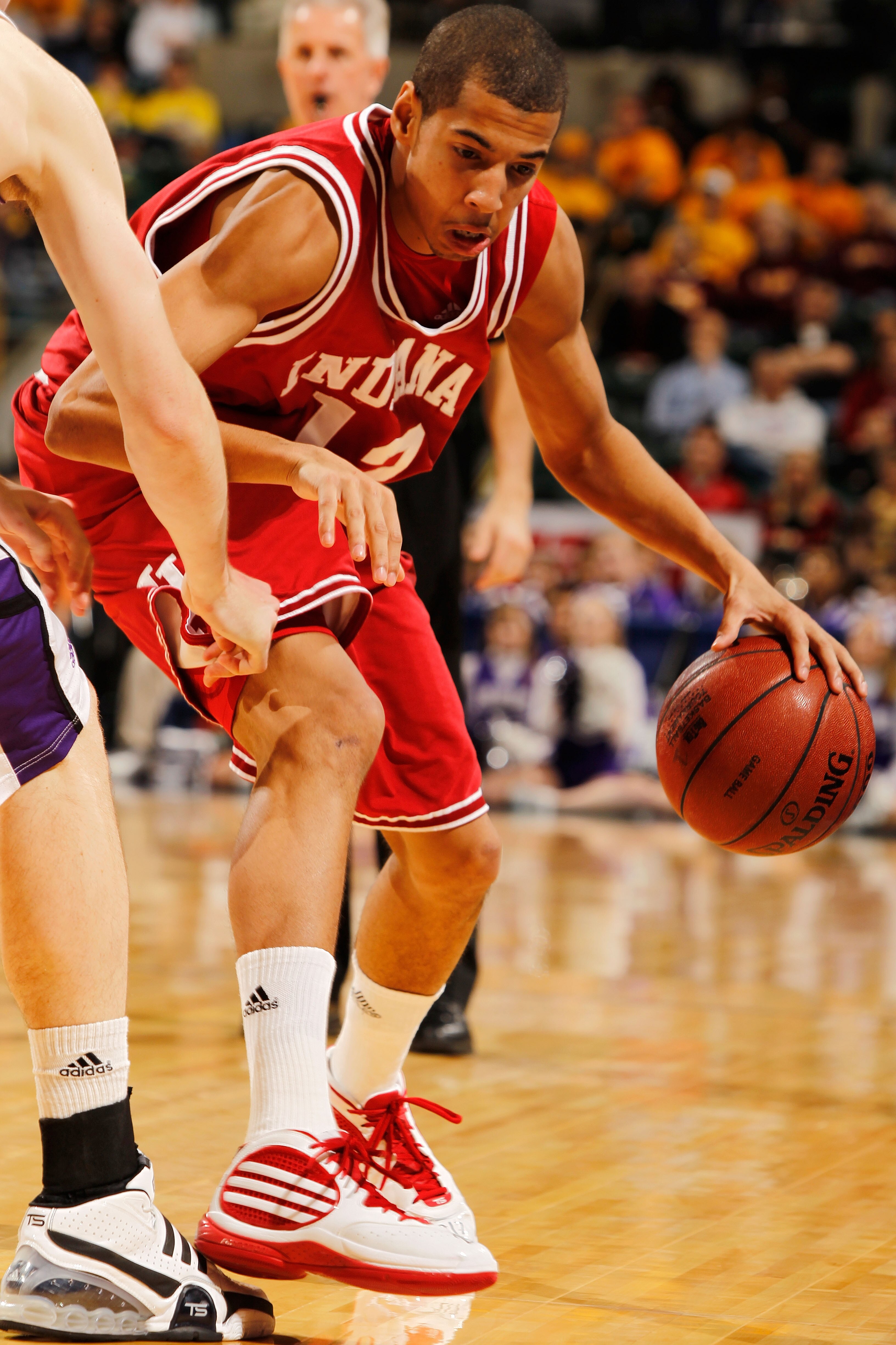INDIANAPOLIS - MARCH 11:  Guard Verdell Jones III #12 of the Indiana Hoosiers drives with the ball against the Northwestern Wildcats during the first round of the Big Ten Men's Basketball Tournament at Conseco Fieldhouse on March 11, 2010 in Indianapolis,