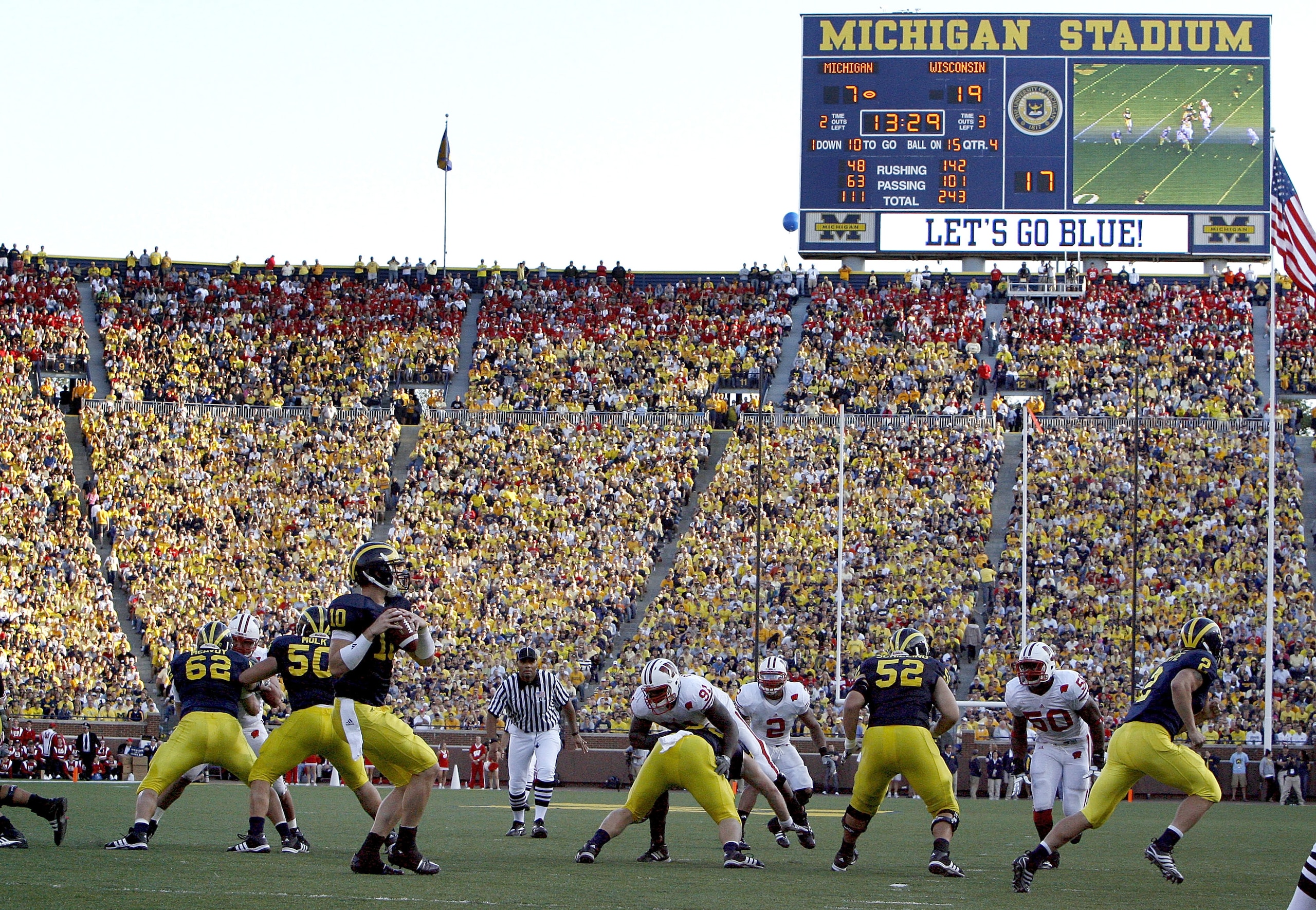 ANN ARBOR, MI - SEPTEMBER 27: Steven Threet #10 of the Michigan Wolverines gets ready to throw a fourth quarter pass trailing the Wisconsin Badgers but the Wolverines rallied for a 27-25 win on September 27, 2008 at Michigan Stadium in Ann Arbor, Michigan