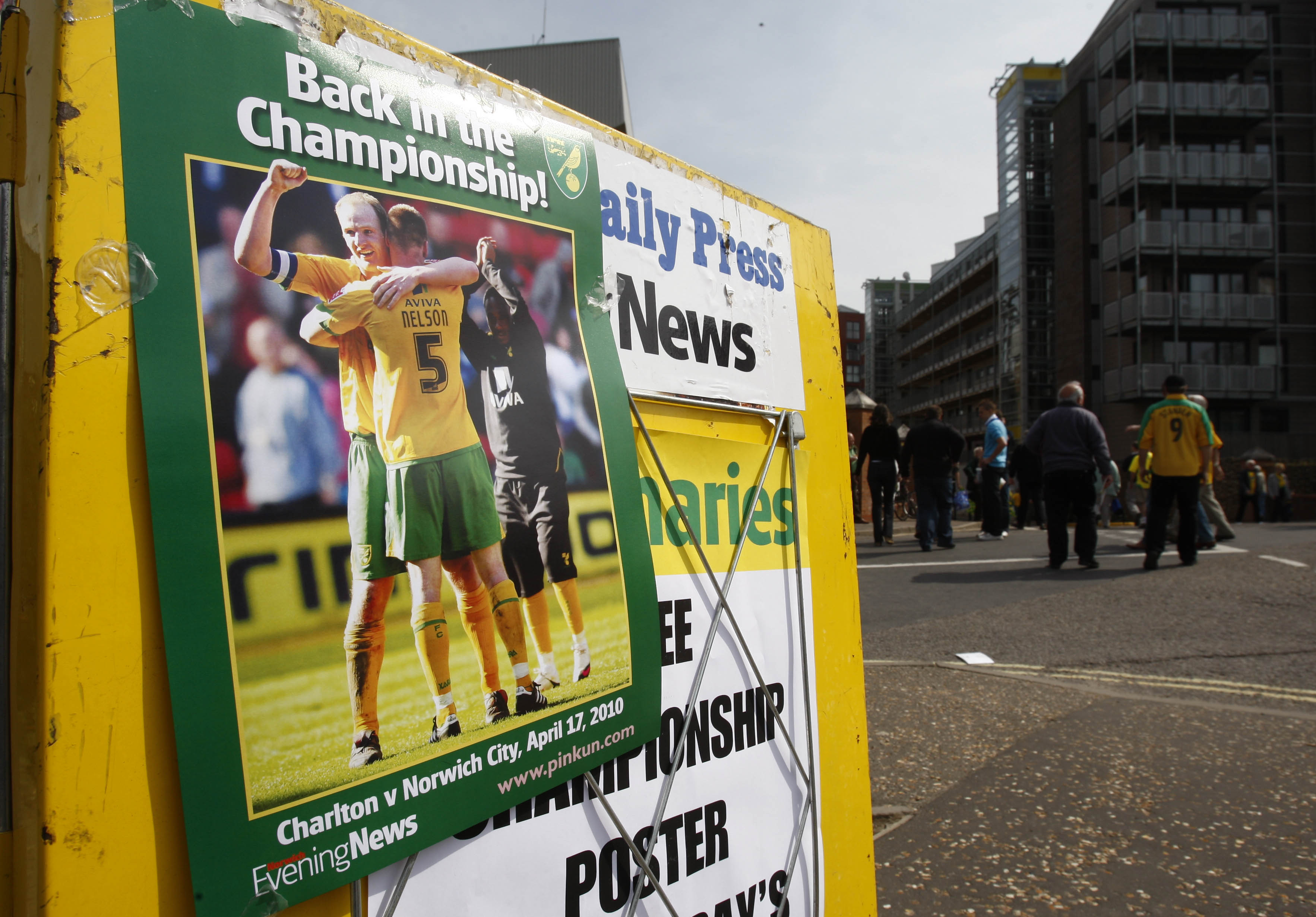 NORWICH, ENGLAND - APRIL 24: A newspaper stand outside Norwich City celebrates the team's return to the Championship before the Coca Cola League One match between Norwich City and Gillingham at Carrow Road on April 24, 2010 in Norwich, England. (Photo by