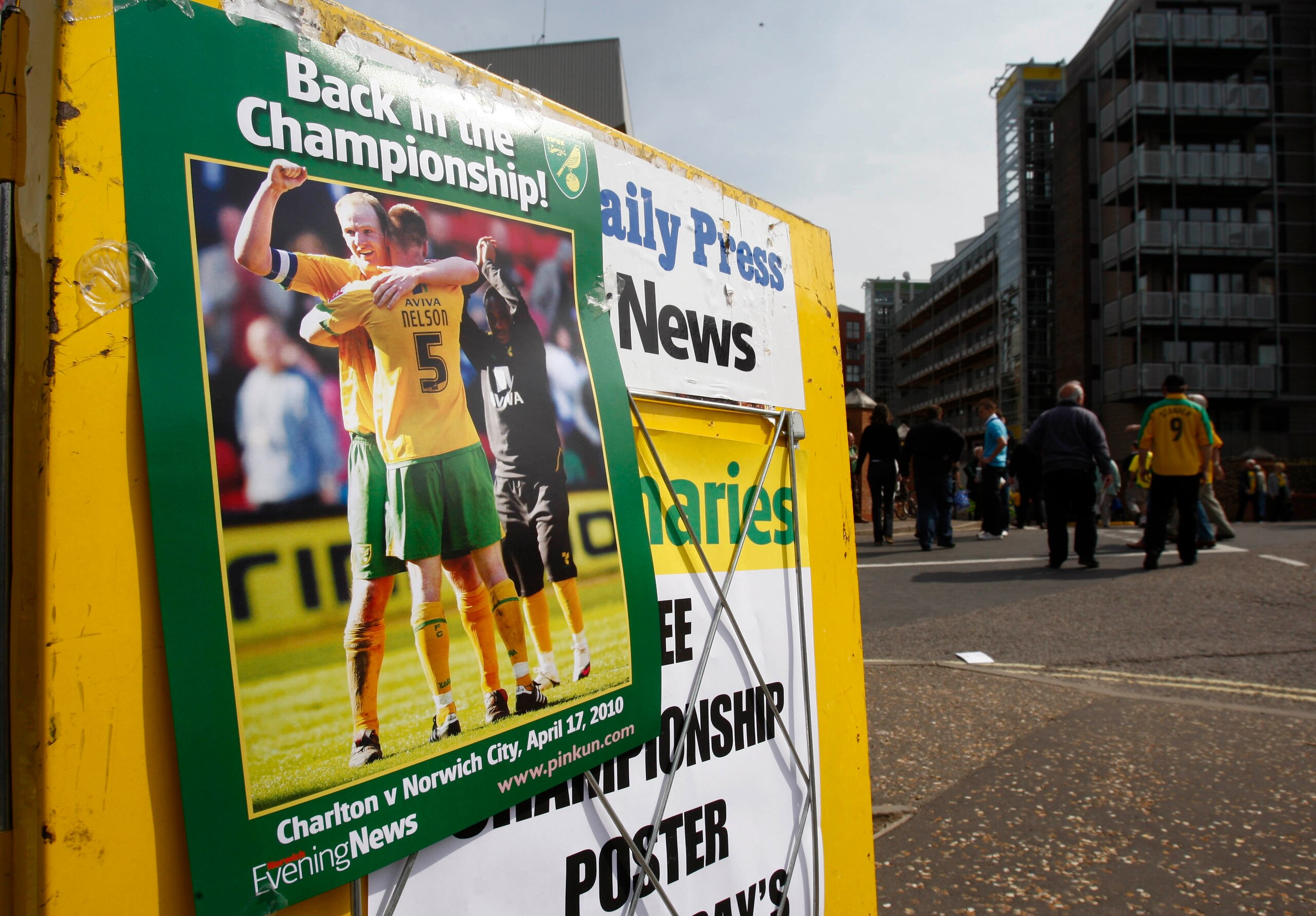 NORWICH, ENGLAND - APRIL 24: A newspaper stand outside Norwich City celebrates the team's return to the Championship before the Coca Cola League One match between Norwich City and Gillingham at Carrow Road on April 24, 2010 in Norwich, England. (Photo by NORWICH, ENGLAND - APRIL 24: A newspaper stand outside Norwich City celebrates the team's return to the Championship before the Coca Cola League One match between Norwich City and Gillingham at Carrow Road on April 24, 2010 in Norwich, England. (Photo by