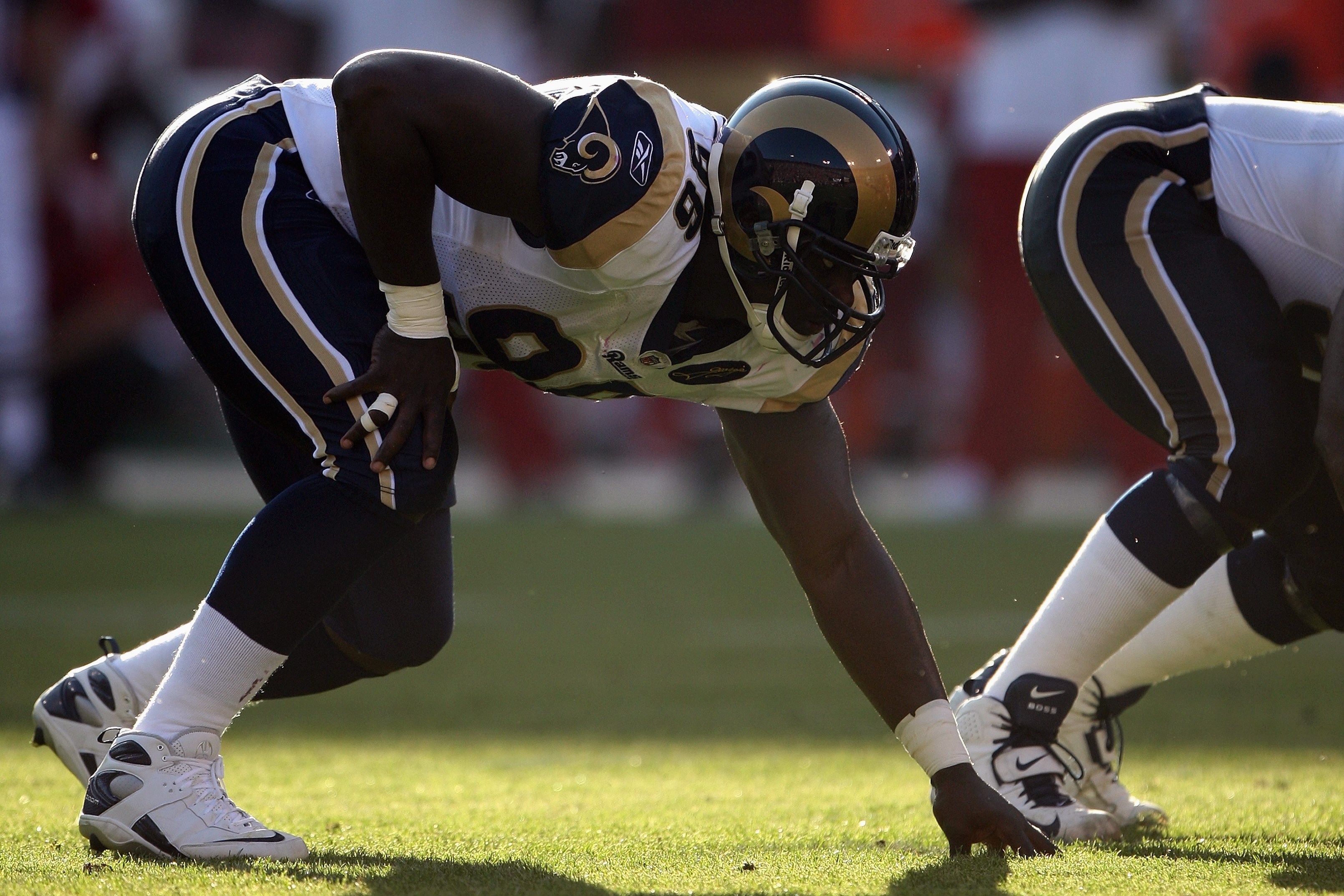 SAN FRANCISCO - NOVEMBER 16:  James Hall #96 of the St. Louis Rams sets during the game against the San Francisco 49ers on November 16, 2008 at Candlestick Park in San Francisco, California. (Photo by Jed Jacobsohn/Getty Images)