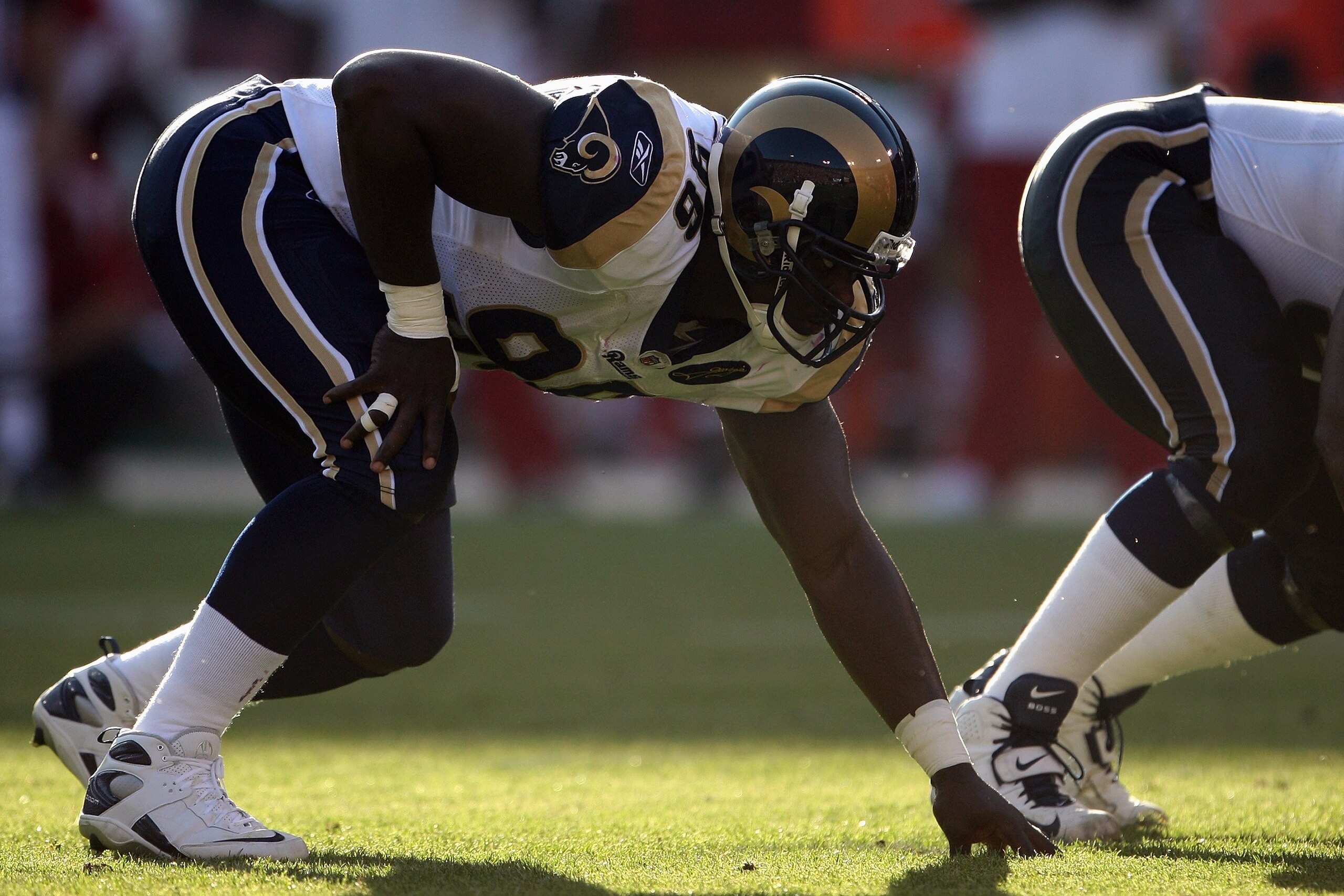 SAN FRANCISCO - NOVEMBER 16:  James Hall #96 of the St. Louis Rams sets during the game against the San Francisco 49ers on November 16, 2008 at Candlestick Park in San Francisco, California. (Photo by Jed Jacobsohn/Getty Images)