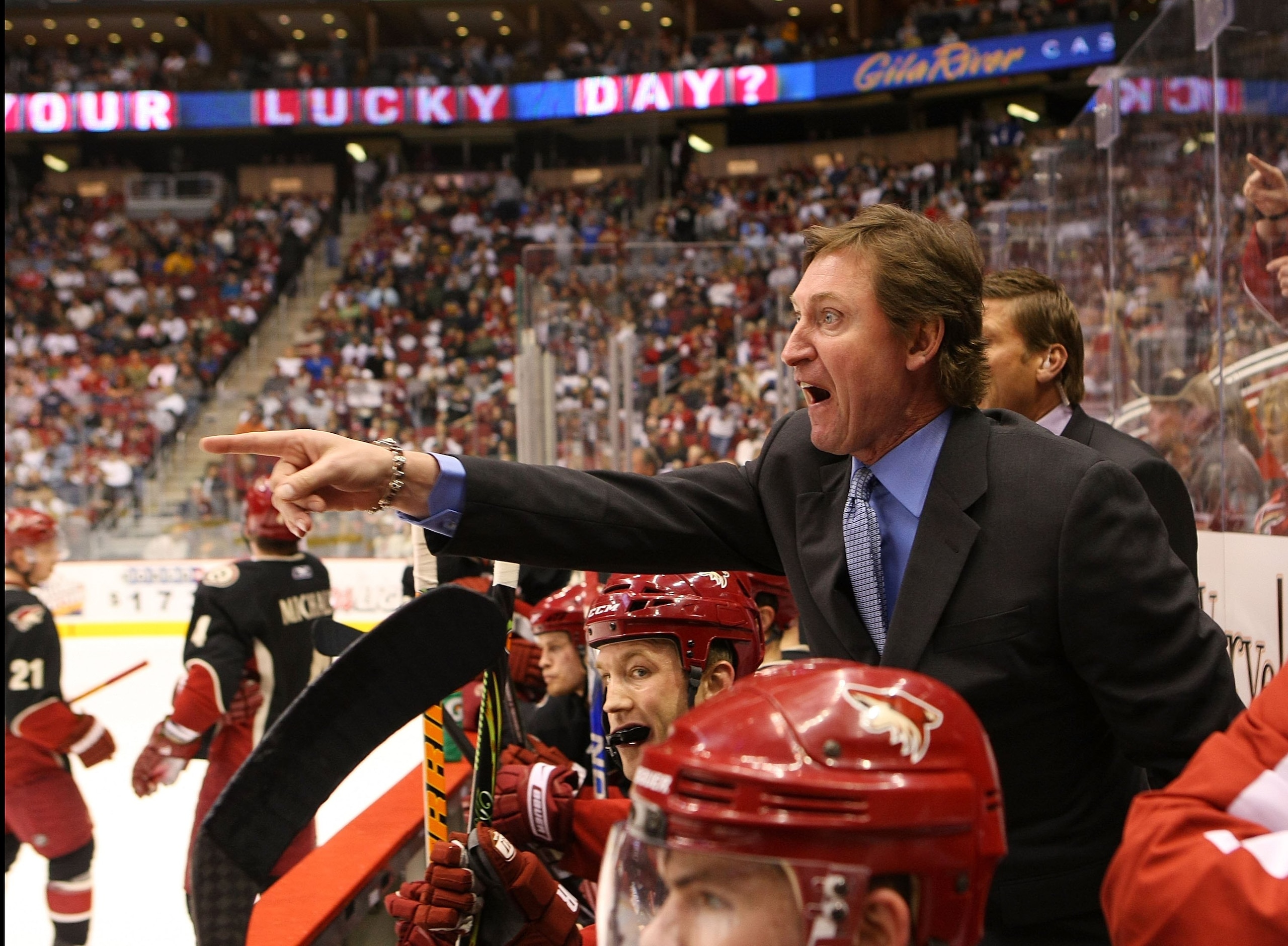 GLENDALE, AZ - FEBRUARY 28:  Head Coach Wayne Gretzky of the Phoenix Coyotes manages his team from behind the bench during his game against the St. Louis Blues on February 28, 2009 at the Jobing.com Arena in Glendale, Arizona.  (Photo by Bruce Bennett/Get