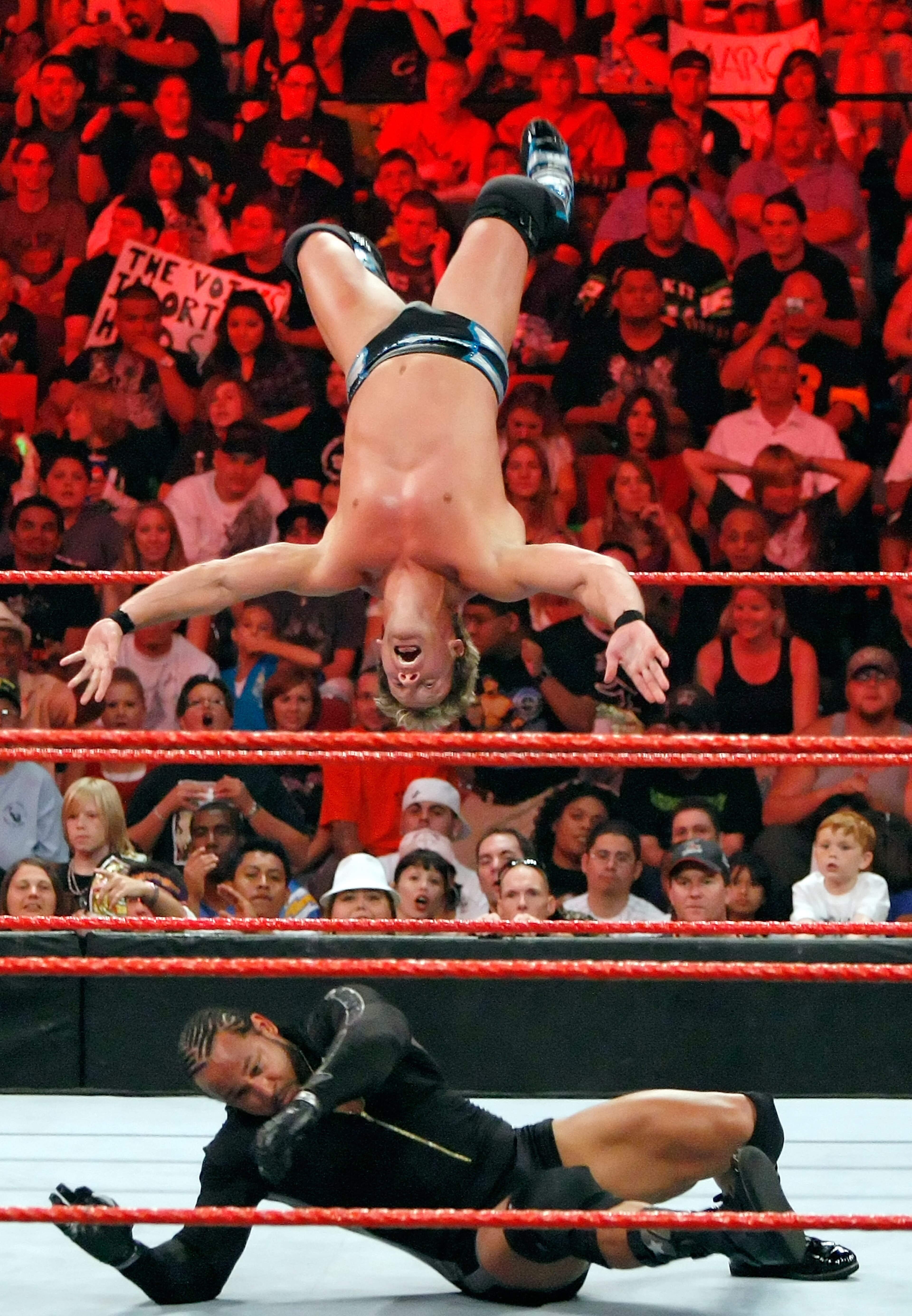 LAS VEGAS - AUGUST 24: Wrestler Chris Jericho jumps off the ropes at wrestler MVP during the WWE Monday Night Raw show at the Thomas & Mack Center August 24, 2009 in Las Vegas, Nevada. (Photo by Ethan Miller/Getty Images) LAS VEGAS - AUGUST 24: Wrestler Chris Jericho jumps off the ropes at wrestler MVP during the WWE Monday Night Raw show at the Thomas & Mack Center August 24, 2009 in Las Vegas, Nevada. (Photo by Ethan Miller/Getty Images)