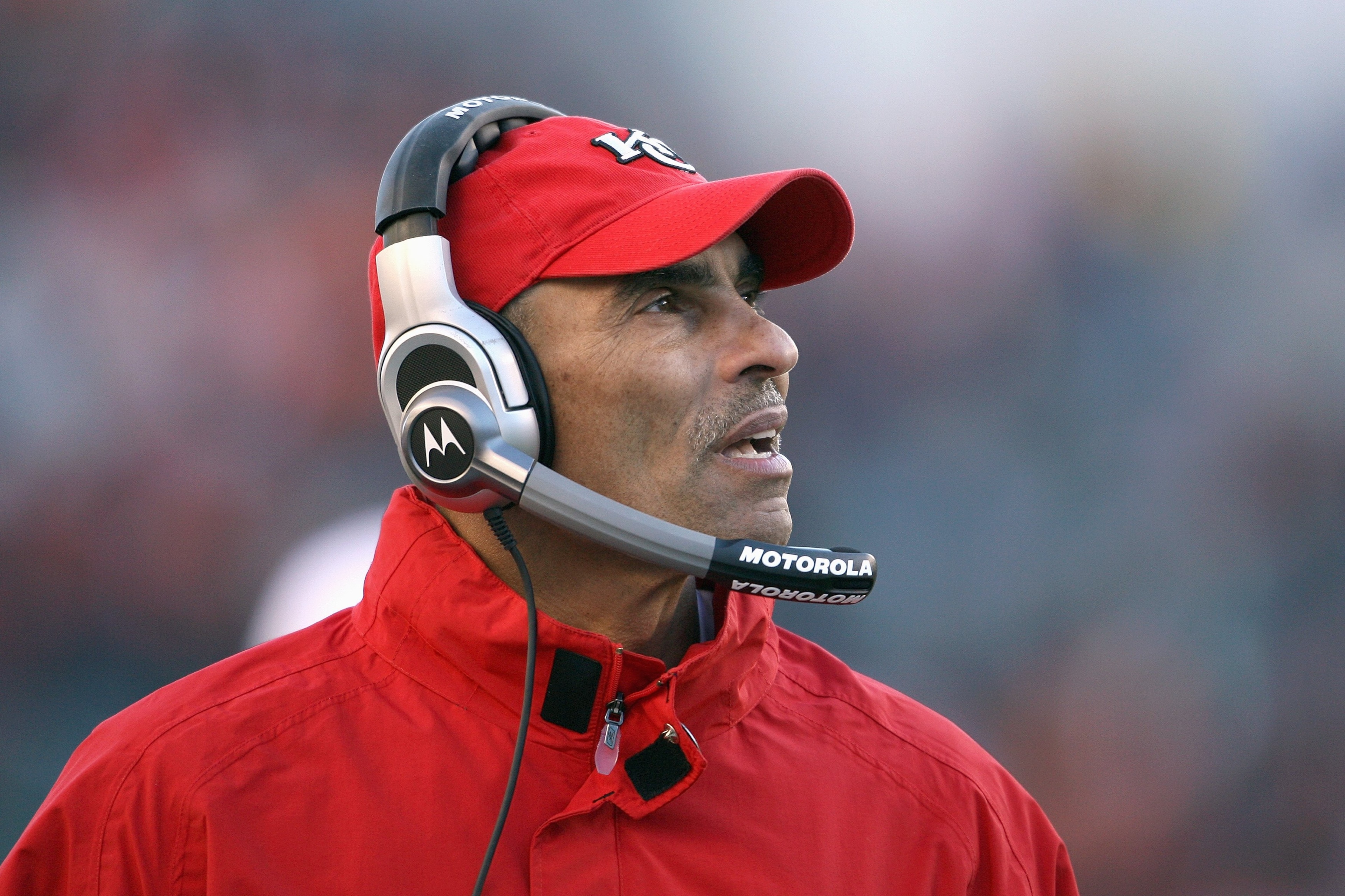 CINCINNATI - DECEMBER 28:  Head coach Herm Edwards of the Kansas City Chiefs reacts to the action from the sidelines during the NFL game against the Cincinnati Bengals on December 28, 2008 at Paul Brown Stadium in Cincinnati, Ohio.  (Photo by Andy Lyons/G