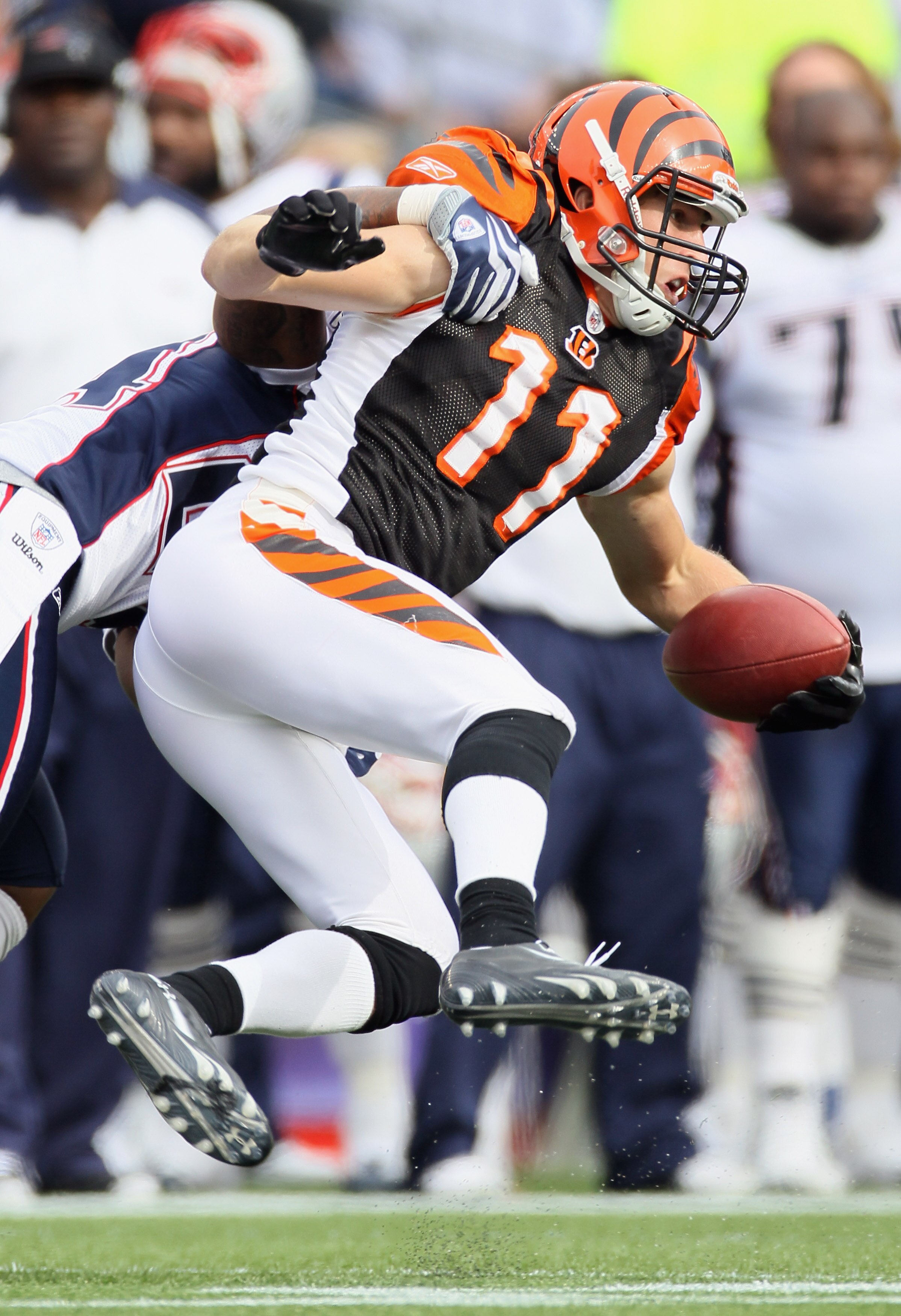 FOXBORO, MA - SEPTEMBER 12:  Jordan Shipley #11 of the Cincinnati Bengals makes the catch in the fourth quarter against the New England Patriots during the NFL season opener on September 12, 2010 at Gillette Stadium in Foxboro, Massachusetts. The Patriots