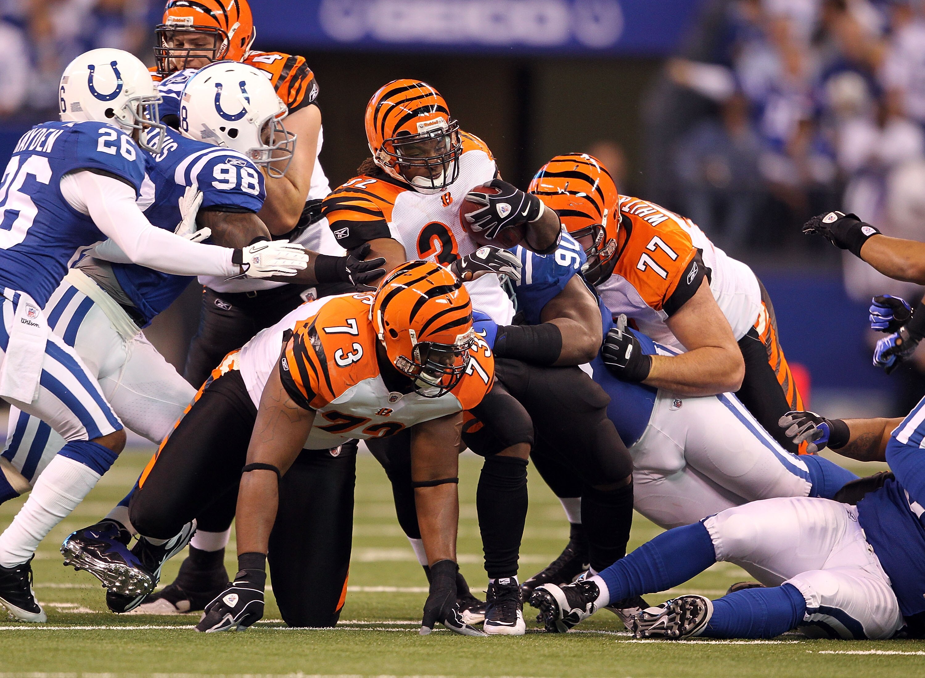 INDIANAPOLIS - NOVEMBER 14:  Cedric Benson #32 of the Cincinnati Bengals runs with the ball  during the Bengals 23-17 loss to the Indianapolis Colts in the NFL game at Lucas Oil Stadium on November 14, 2010 in Indianapolis, Indiana.  (Photo by Andy Lyons/