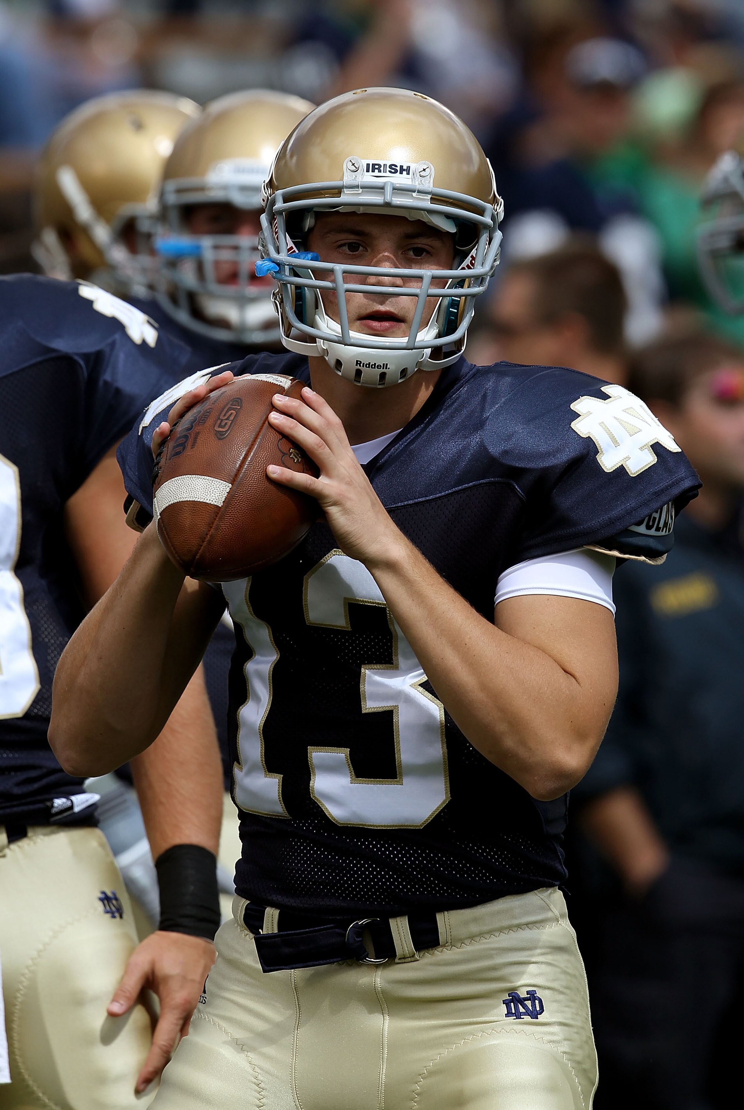 SOUTH BEND, IN - SEPTEMBER 04: Tommy Rees #13 of the Notre Dame Fighting Irish throws a pass during warm-ups before a game against the Purdue Boilermakers at Notre Dame Stadium on September 4, 2010 in South Bend, Indiana. Notre Dame defeated Purdue 23-12. SOUTH BEND, IN - SEPTEMBER 04: Tommy Rees #13 of the Notre Dame Fighting Irish throws a pass during warm-ups before a game against the Purdue Boilermakers at Notre Dame Stadium on September 4, 2010 in South Bend, Indiana. Notre Dame defeated Purdue 23-12.