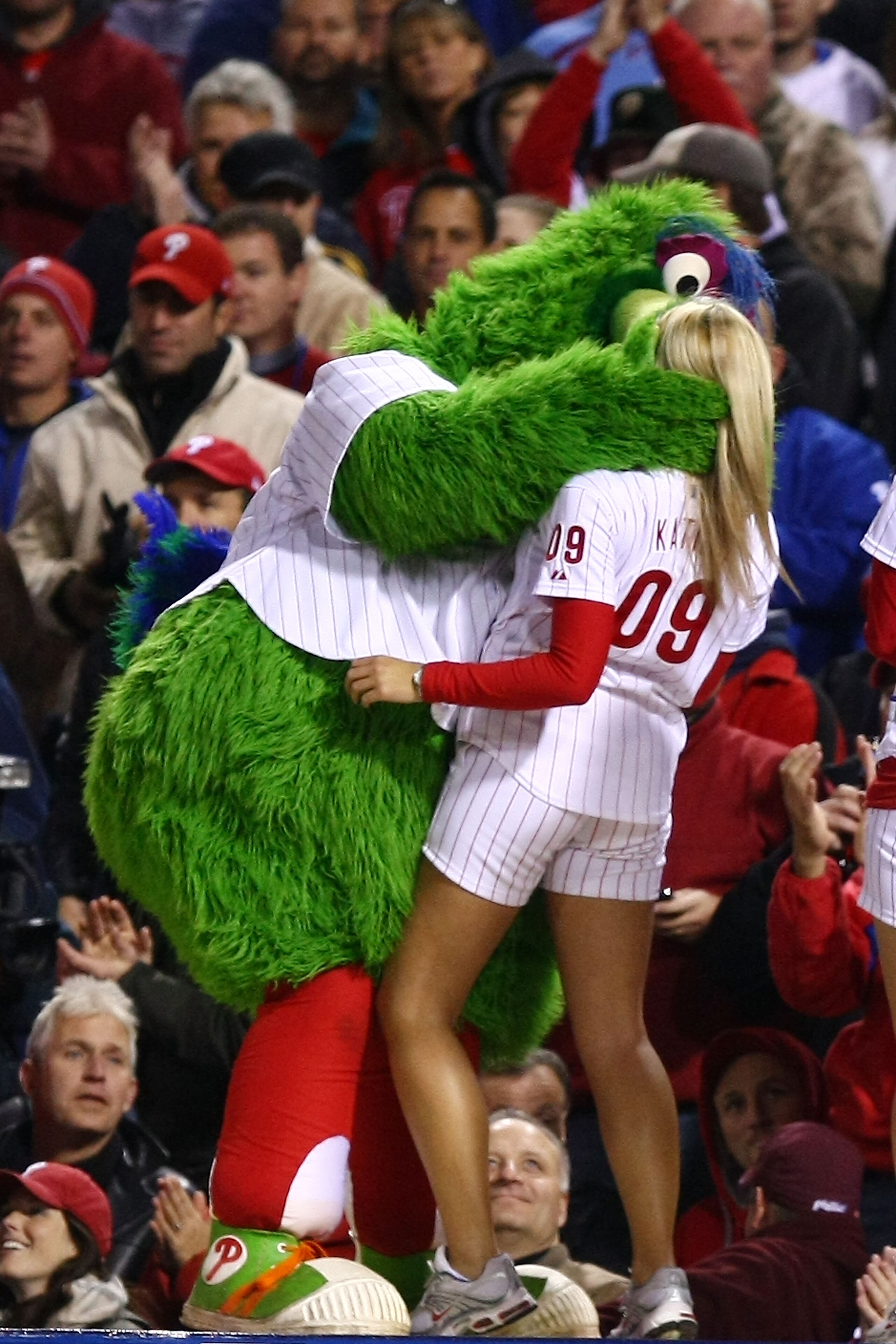 PHILADELPHIA - OCTOBER 19: The Philly Phanatic, mascot for the Philadelphia Phillies performs against the Los Angeles Dodgers in Game Four of the NLCS during the 2009 MLB Playoffs at Citizens Bank Park on October 19, 2009 in Philadelphia, Pennsylvania. PHILADELPHIA - OCTOBER 19: The Philly Phanatic, mascot for the Philadelphia Phillies performs against the Los Angeles Dodgers in Game Four of the NLCS during the 2009 MLB Playoffs at Citizens Bank Park on October 19, 2009 in Philadelphia, Pennsylvania.