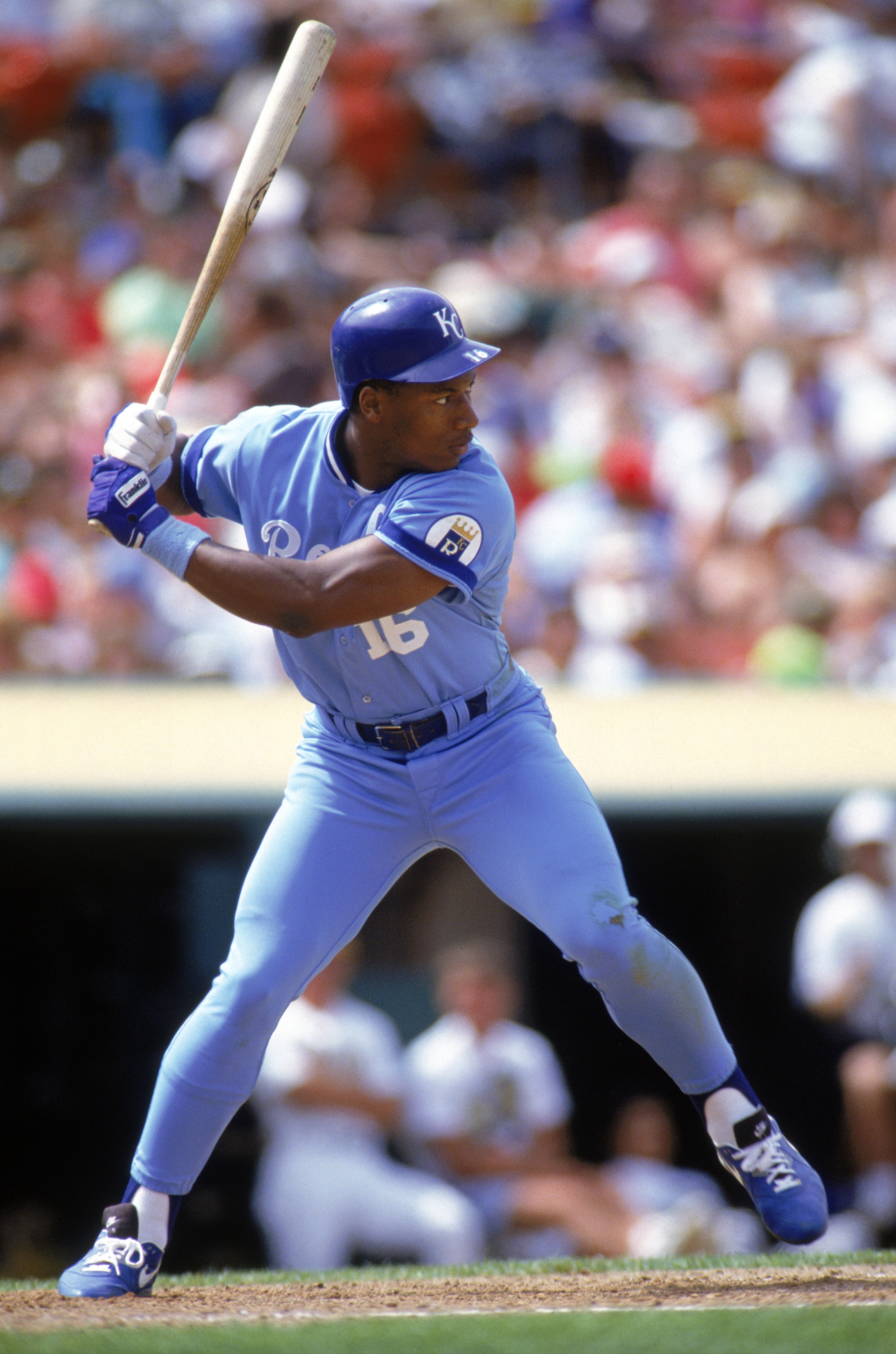 OAKLAND, CA - 1990:  Bo Jackson #16 of the Kansas City Royals stands ready at the plate during a game against the Oakland Athletics at Oakland-Alameda County Coliseum in 1990 in Oakland, California.  (Photo by Otto Greule Jr/Getty Images)