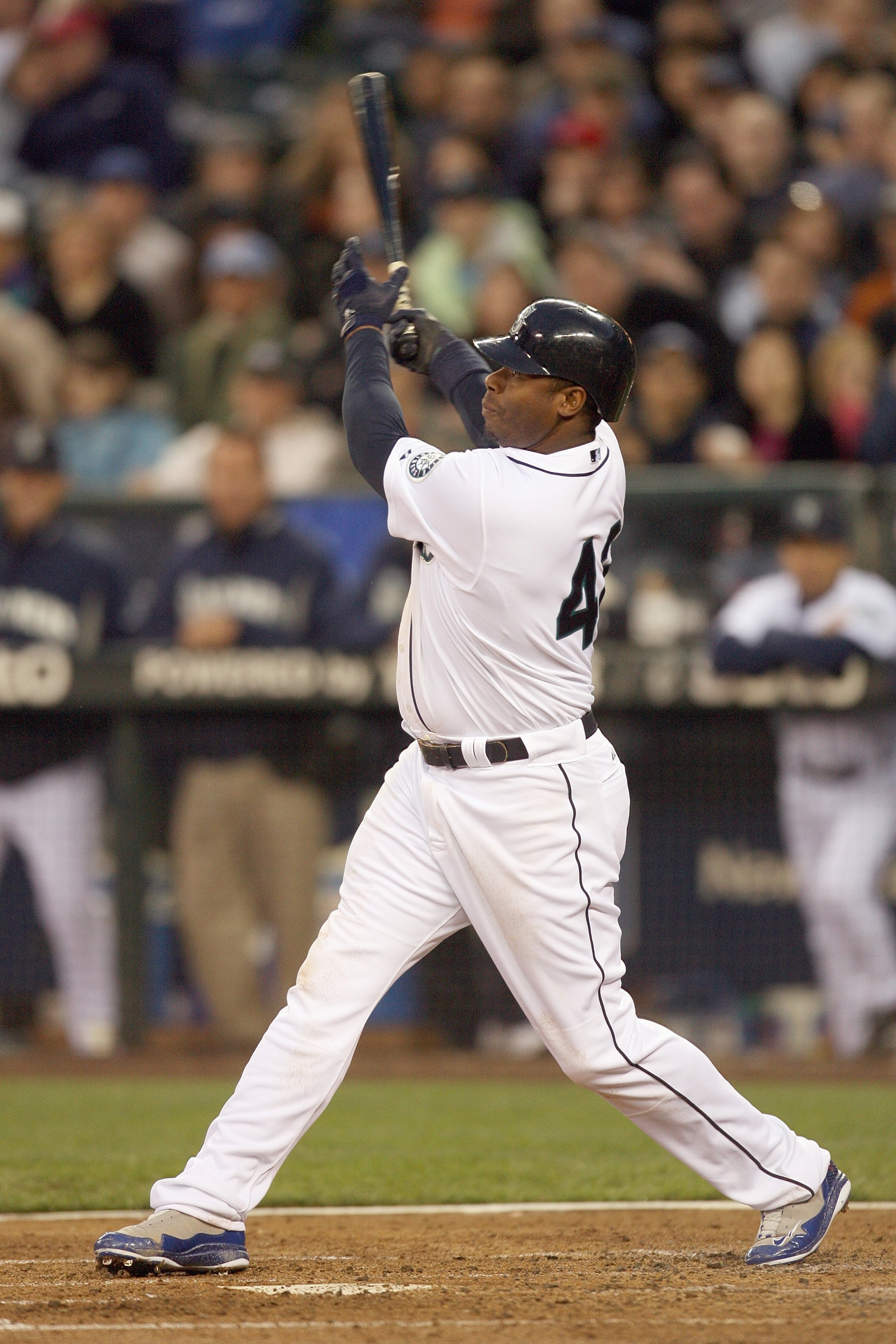 SEATTLE - APRIL 15:  Ken Griffey Jr #24 of the Seattle Mariners swings at the pitch during the game against the Los Angeles Angels of Anaheim on April 15, 2009 at Safeco Field in Seattle, Washington. All Major League Baseball players are wearing #42 in ho