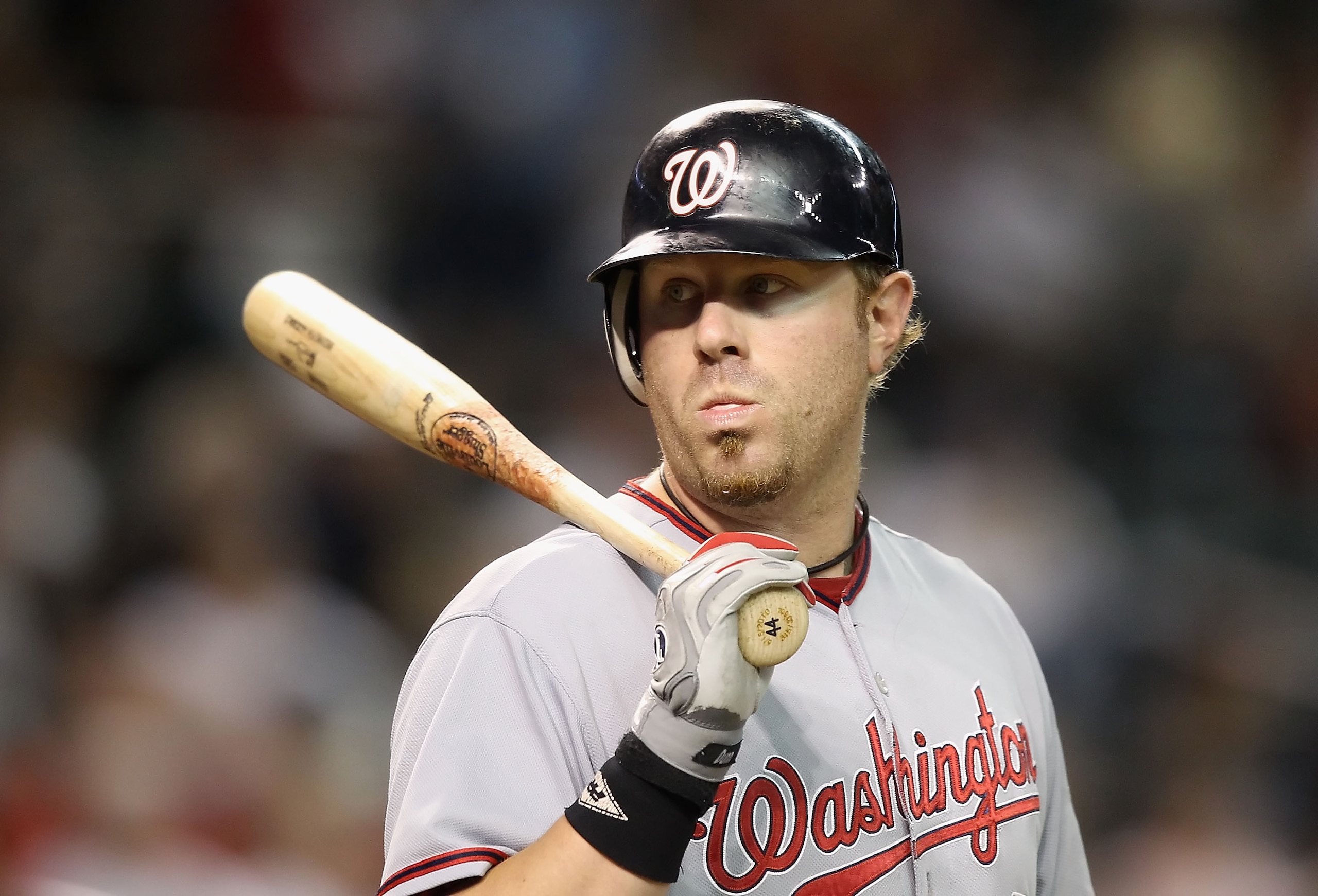 PHOENIX - AUGUST 04:  Adam Dunn #44 of the Washington Nationals prepares to bat during the Major League Baseball game against the Arizona Diamondbacks at Chase Field on August 4, 2010 in Phoenix, Arizona. The Nationals defeated the Diamondbacks 7-2.  (Pho