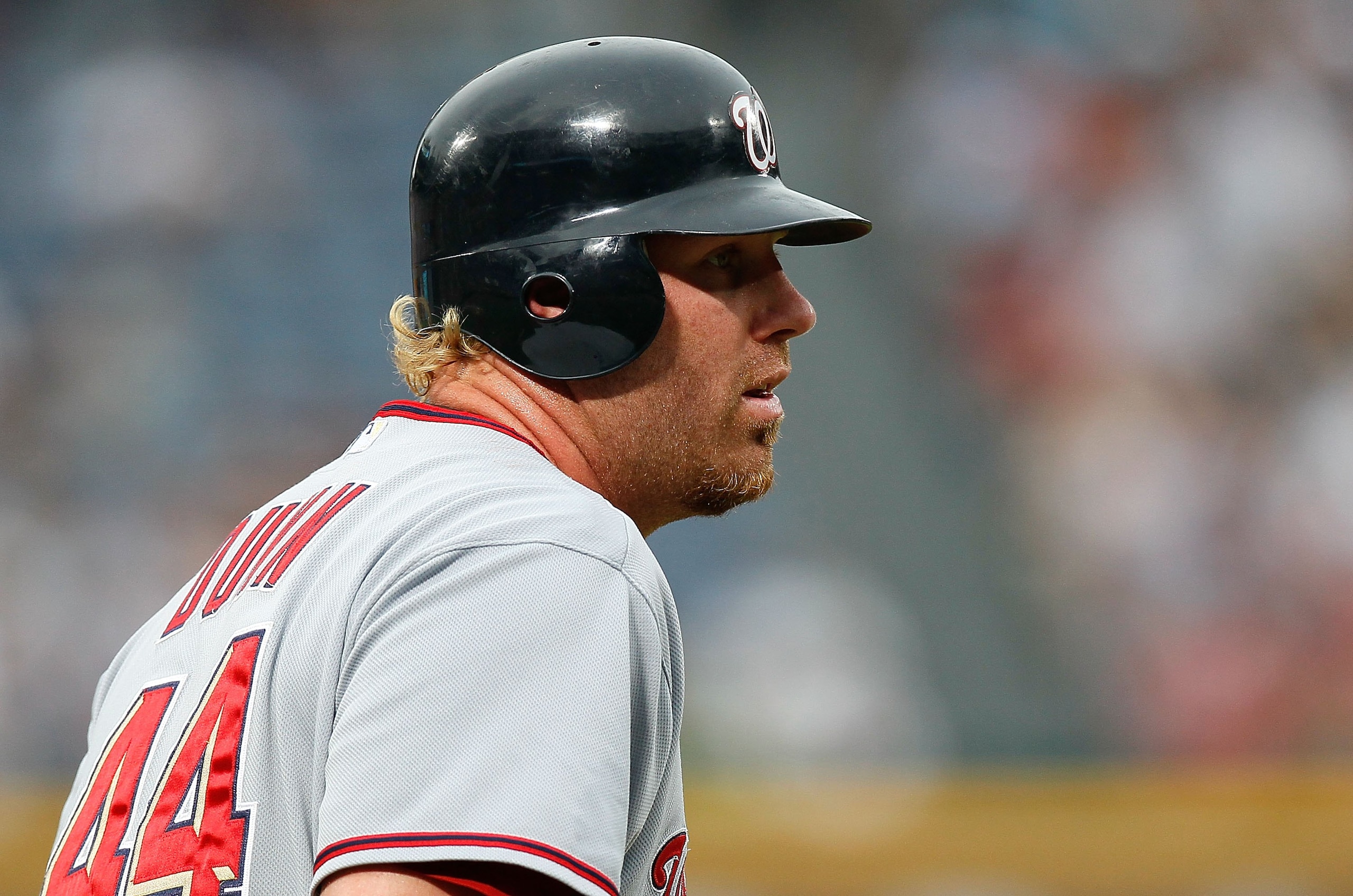 ATLANTA - JUNE 30:  Adam Dunn #44 of the Washington Nationals against the Atlanta Braves at Turner Field on June 30, 2010 in Atlanta, Georgia.  (Photo by Kevin C. Cox/Getty Images)