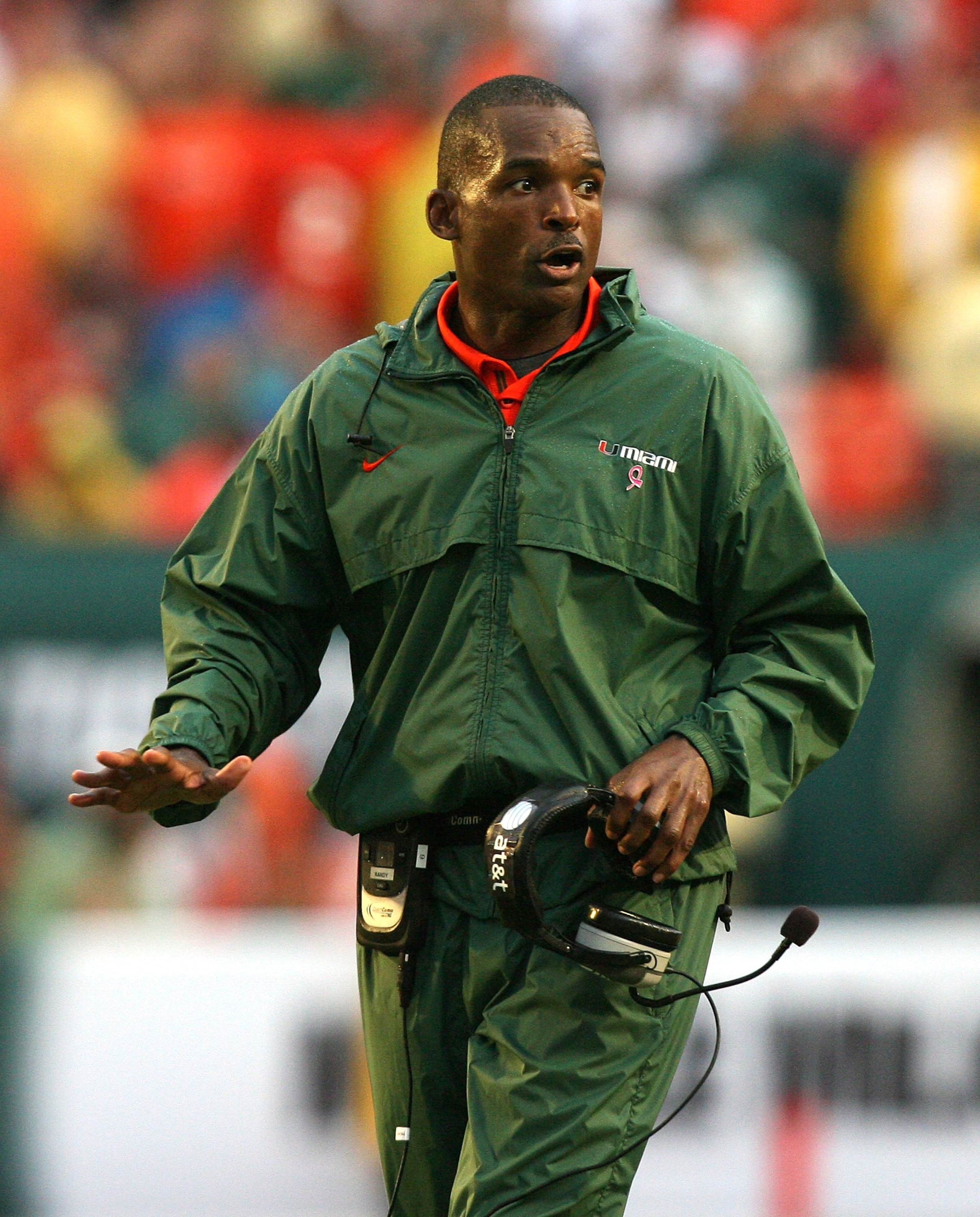 MIAMI - OCTOBER 04:  Head coach Randy Shannon of the Miami Hurricanes gestures to his team while taking on the Florida State Seminoles at Dolphin Stadium on October 4, 2008 in Miami, Florida. Florida State defeated Miami 41-39.  (Photo by Doug Benc/Getty