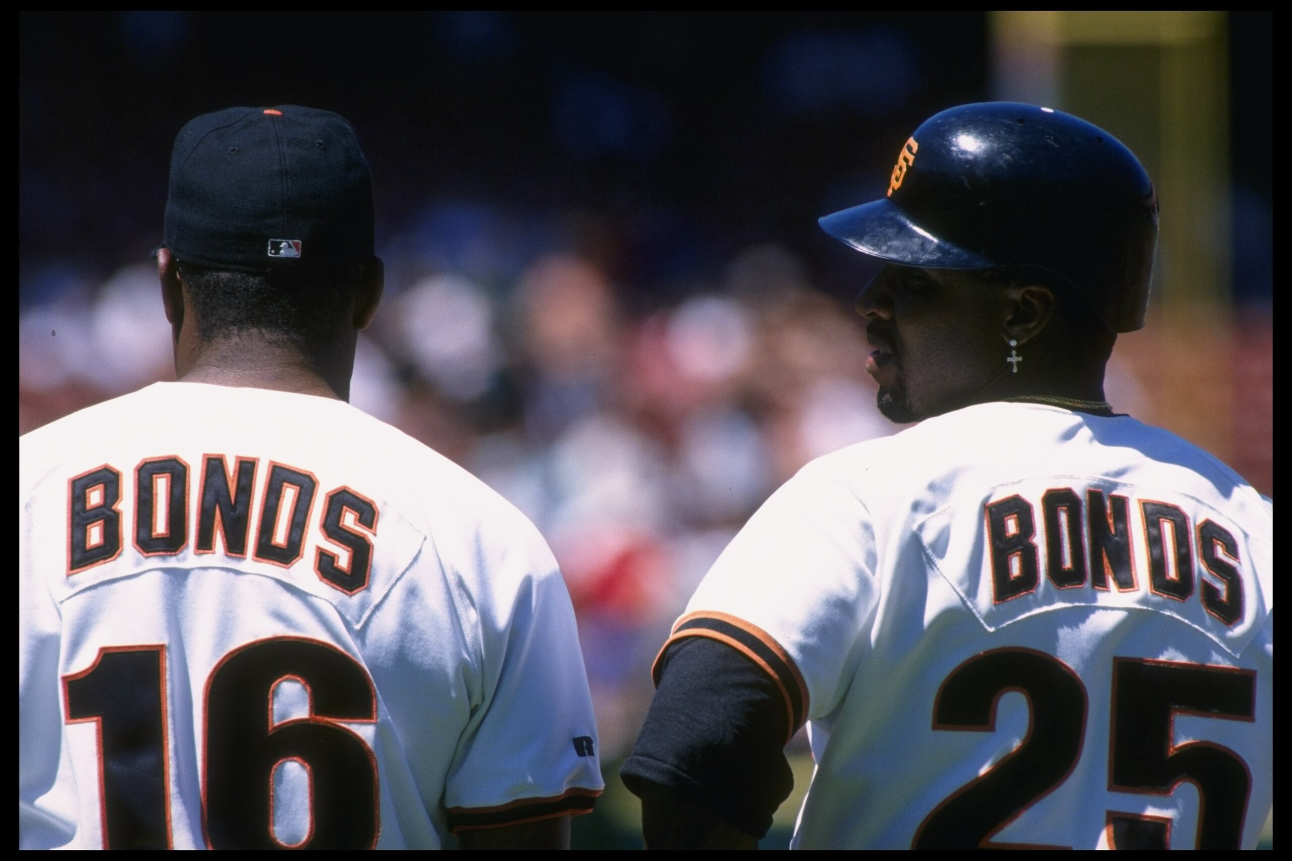 28 Apr 1996:  Bobby Bonds and son Barry of the San Francisco Giants look on during a game against the Florida Marlins at 3Com Park in San Francisco, California.  The Giants won the game, 10-4. Mandatory Credit: Otto Greule/Allsport