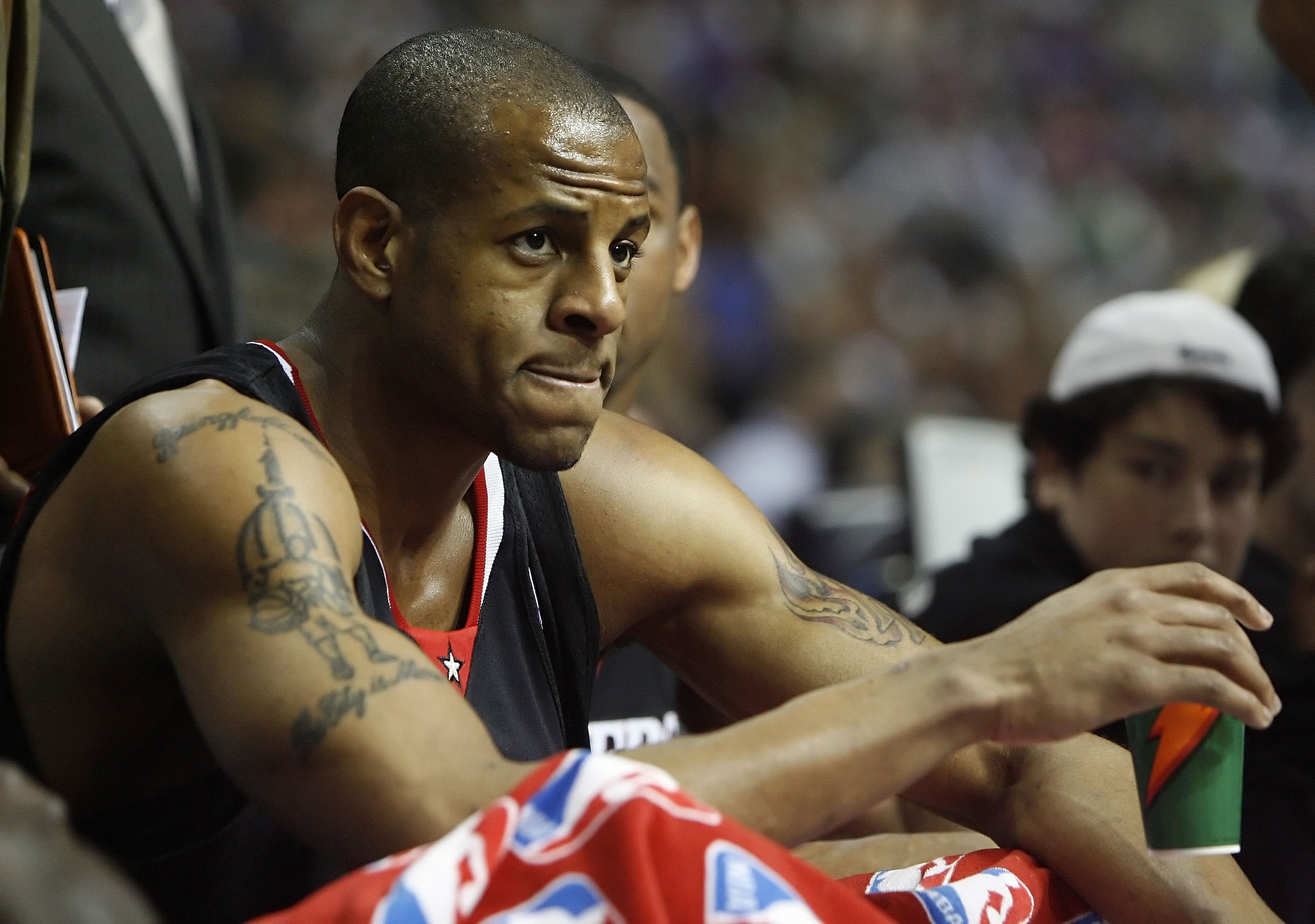 AUBURN HILLS, MI - APRIL 29:  Andre Iguodala #9 of the Philadelphia 76ers looks on from the bench while playing the Detroit Pistons in Game Five of the Eastern Conference Quarterfinals during the 2008 NBA Playoffs at the Palace of Auburn Hills on April 29
