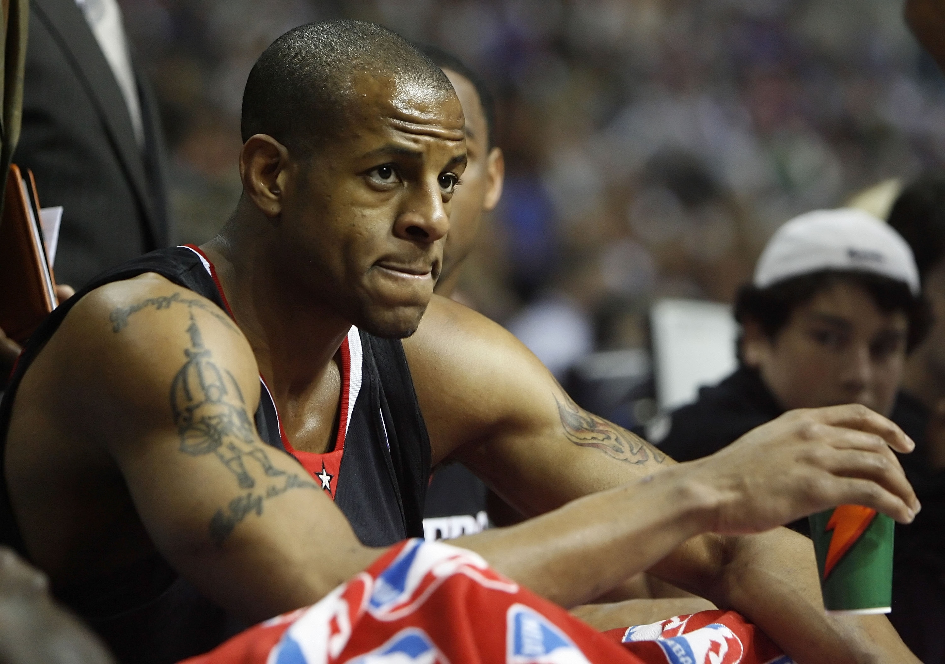 AUBURN HILLS, MI - APRIL 29:  Andre Iguodala #9 of the Philadelphia 76ers looks on from the bench while playing the Detroit Pistons in Game Five of the Eastern Conference Quarterfinals during the 2008 NBA Playoffs at the Palace of Auburn Hills on April 29