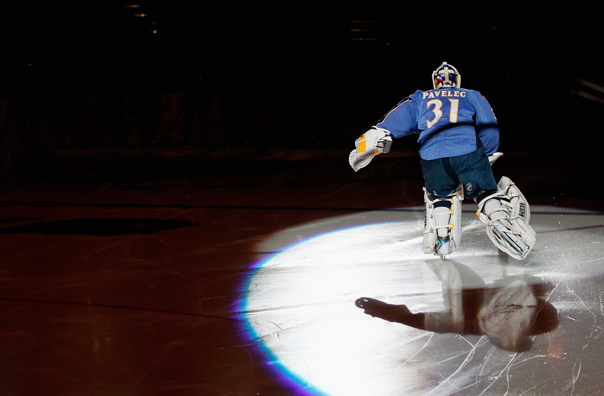 ATLANTA - OCTOBER 08:  Goaltender Ondrej Pavelec #31 of the Atlanta Thrashers skates onto the ice during player introductions to face the Washington Capitals at Philips Arena on October 8, 2010 in Atlanta, Georgia.  (Photo by Kevin C. Cox/Getty Images)