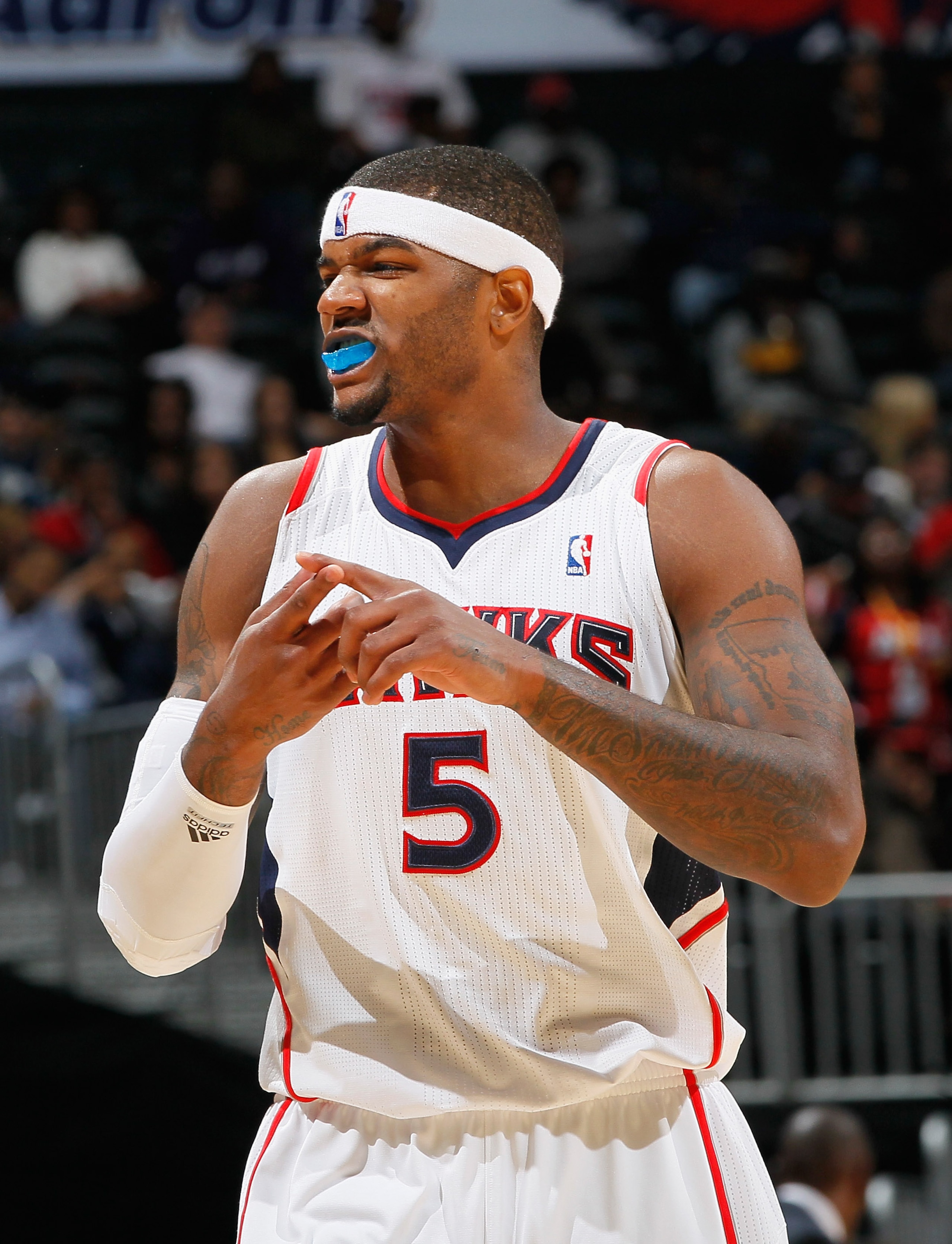 ATLANTA - NOVEMBER 03:  Josh Smith #5 of the Atlanta Hawks against the Detroit Pistons at Philips Arena on November 3, 2010 in Atlanta, Georgia.  NOTE TO USER: User expressly acknowledges and agrees that, by downloading and/or using this Photograph, User
