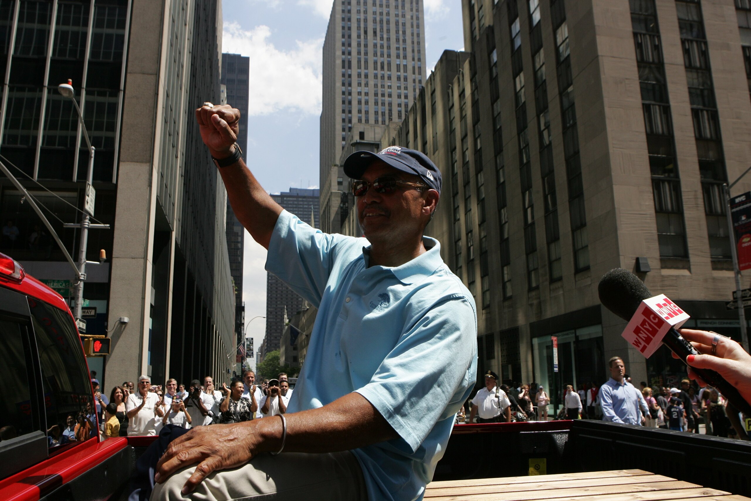 NEW YORK - JULY 15:  Reggie Jackson acknowledges the fans during the MLB All-Star Game Red Carpet Parade on July 15, 2008 in New York City. (Photo by Mike Stobe/Getty Images)