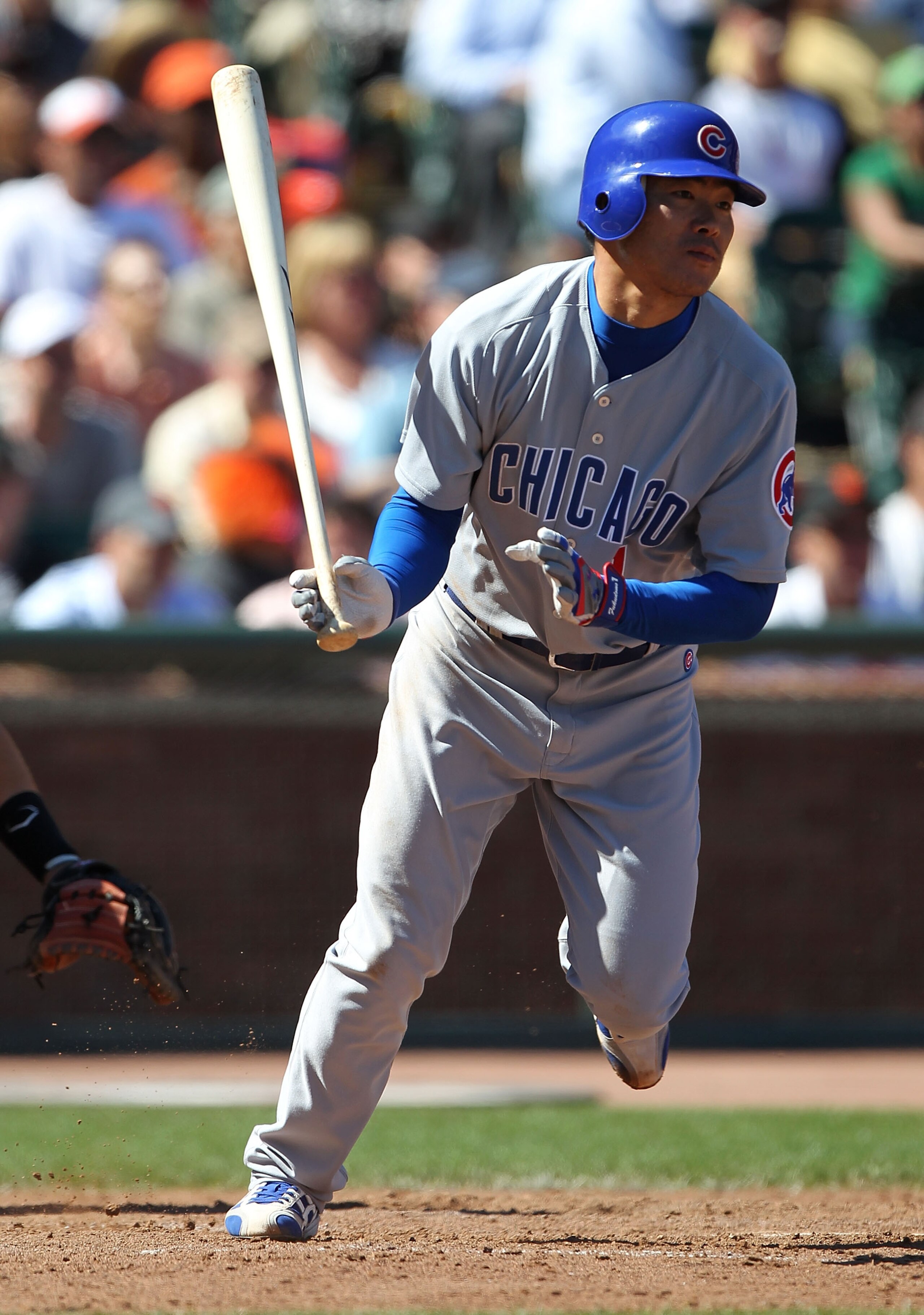 SAN FRANCISCO - AUGUST 12:  Kosuke Fukudome #1 of the Chicago Cubs grounds out in the eighth inning against the San Francisco Giants during an MLB game at AT&T Park on August 12, 2010 in San Francisco, California.  (Photo by Jed Jacobsohn/Getty Images)