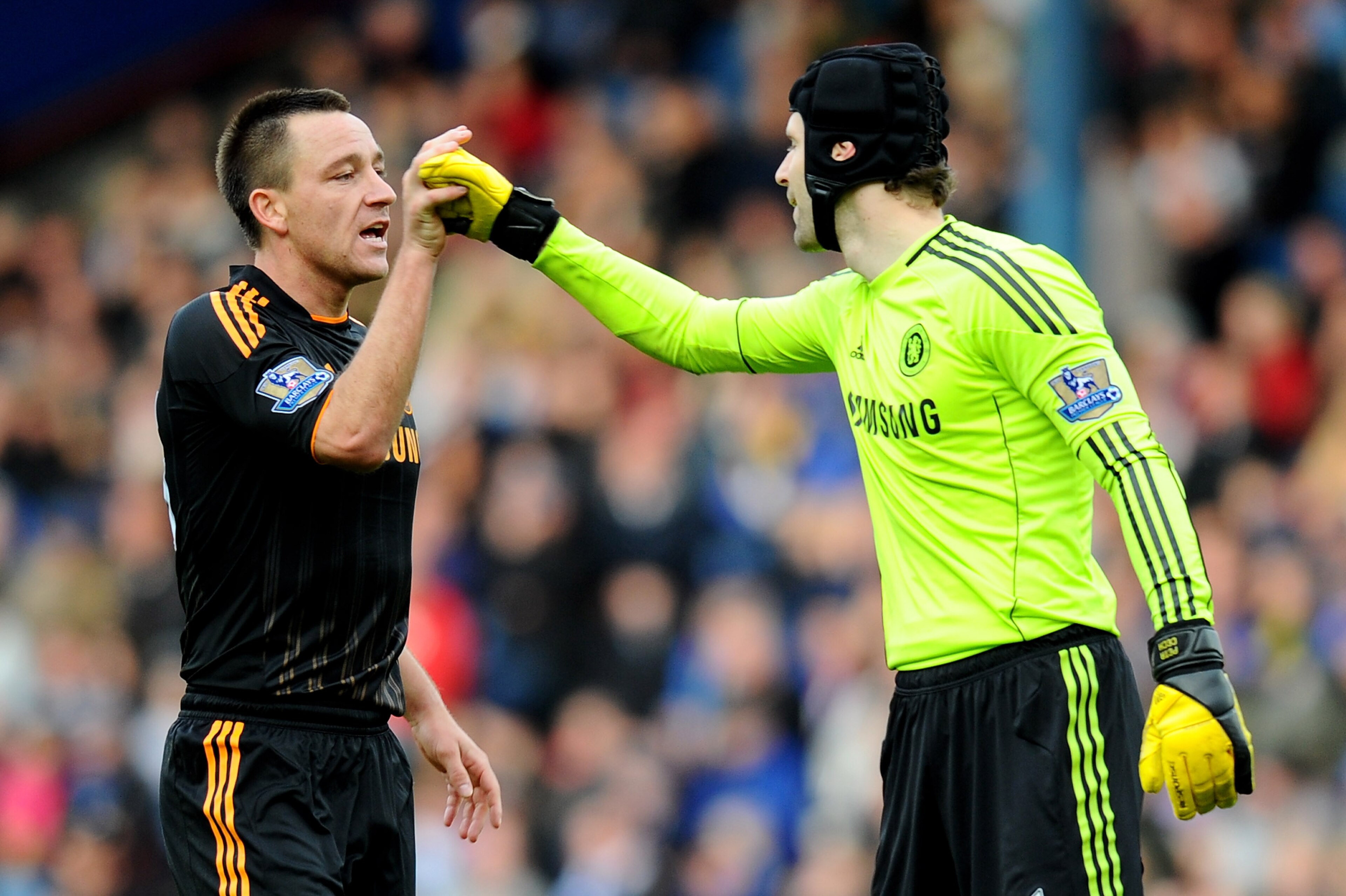 BLACKBURN, ENGLAND - OCTOBER 30:  Petr Cech of Chelsea is congratulated by team mate John Terry (L) during the Barclays Premier League match between Blackburn Rovers and Chelsea at Ewood Park on October 30, 2010 in Blackburn, England. (Photo by Mike Hewit