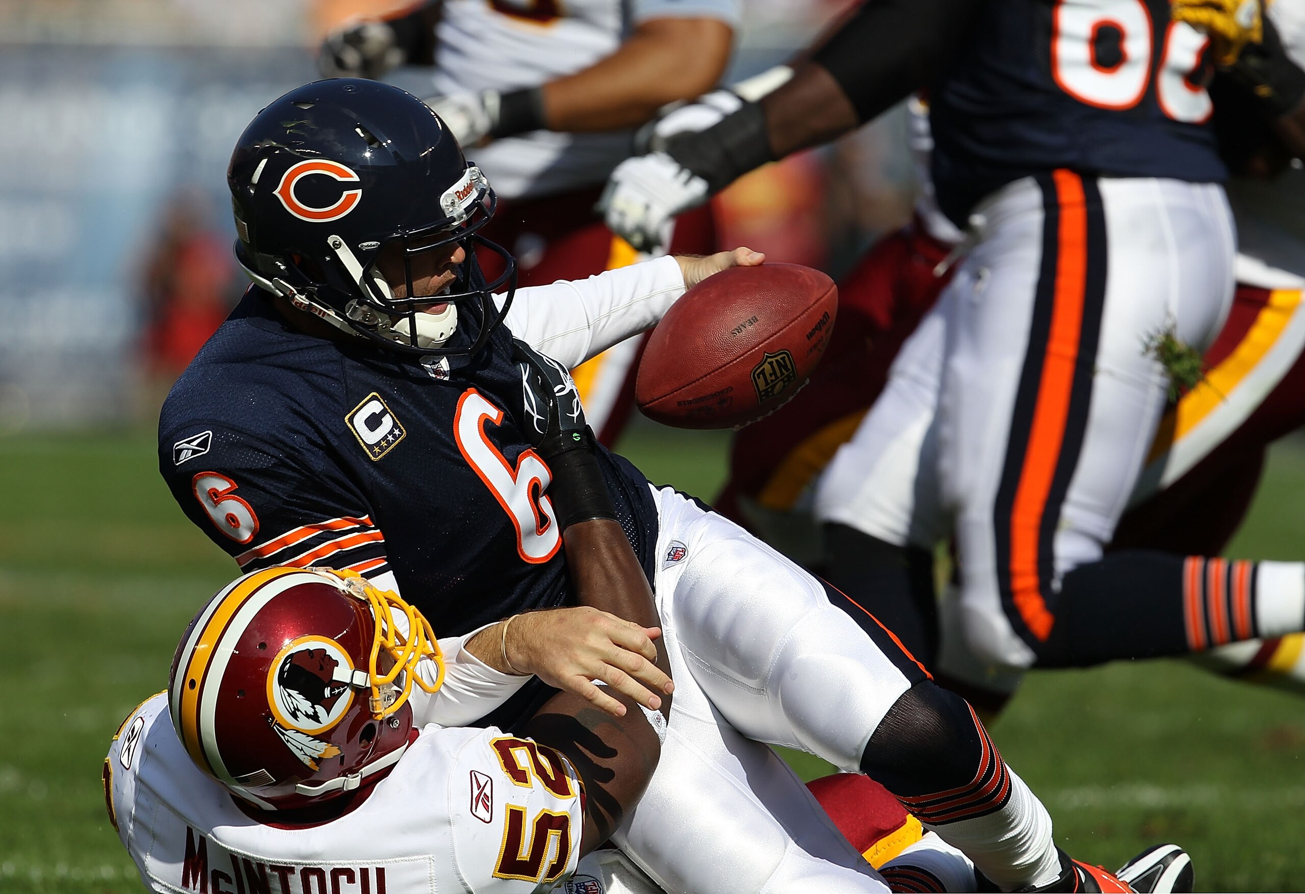 CHICAGO - OCTOBER 24: Jay Cutler #6 of the Chicago Bears is sacked by Rocky McIntosh #52 of the Washington Redskins at Soldier Field on October 24, 2010 in Chicago, Illinois. The Redskins defeated the Bears 17-14. (Photo by Jonathan Daniel/Getty Images)