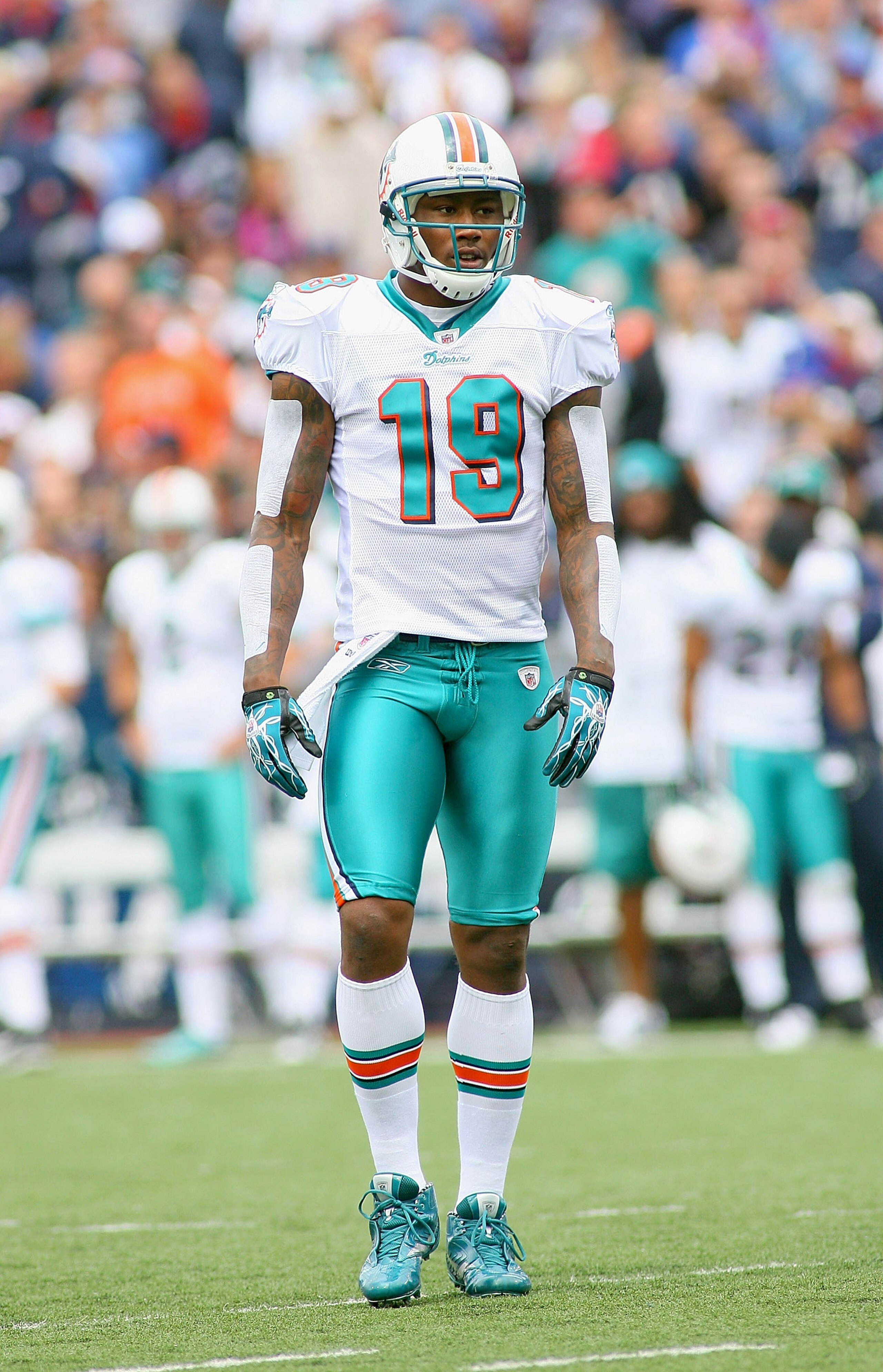 ORCHARD PARK, NY - SEPTEMBER 12: Brandon Marshall #19 of the Miami Dolphins stands on the field during the NFL season opener against the Buffalo Bills at Ralph Wilson Stadium on September 12, 2010 in Orchard Park, New York. The Dolphins won 15-10. (Photo 