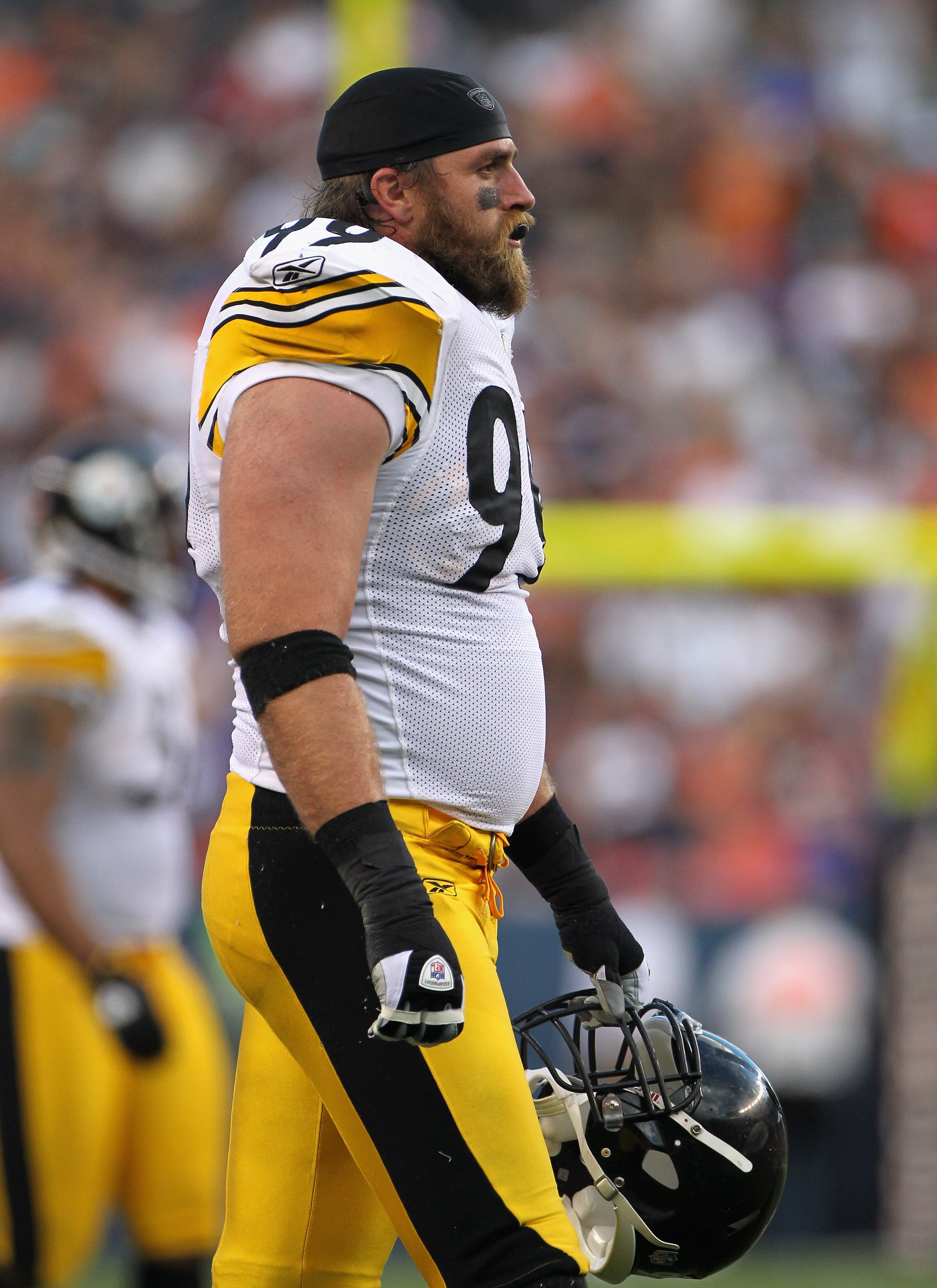 DENVER - AUGUST 29:  Defensive end Brett Keisel #99 of the Pittsburgh Steelers prepares to defend against the Denver Broncos during preseason NFL action at INVESCO Field at Mile High on August 29, 2010 in Denver, Colorado. The Broncos defeated the Steeler