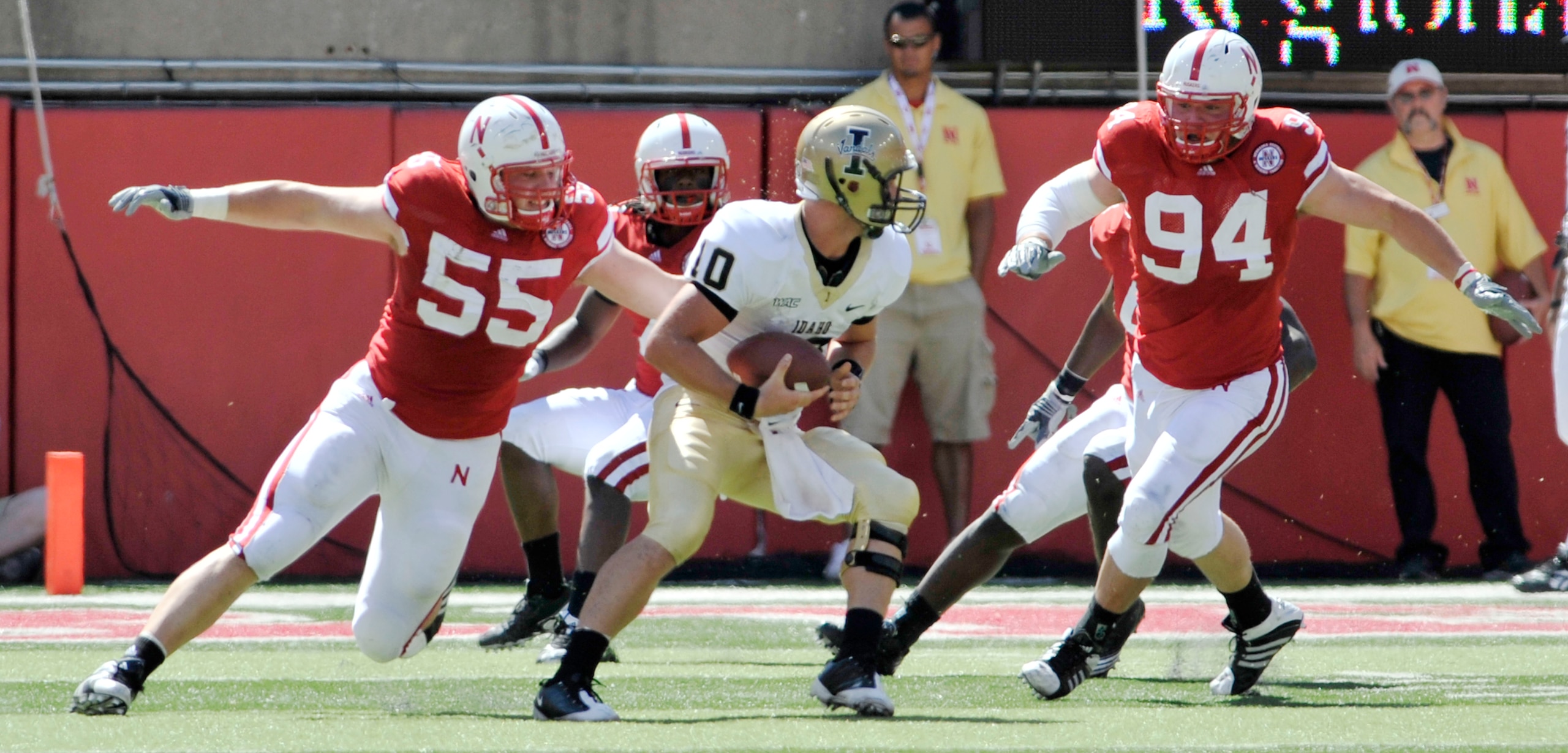 LINCOLN, NEBRASKA - SEPTEMBER 11: Idaho Vandals quarterback Nathan Enderle #10 tries to elude Nebraska Cornhuskers defensive tackle Baker Steinkuhler #55 and Nebraska Cornhuskers defensive tackle Jared Crick #94 during first half action of their game at M LINCOLN, NEBRASKA - SEPTEMBER 11: Idaho Vandals quarterback Nathan Enderle #10 tries to elude Nebraska Cornhuskers defensive tackle Baker Steinkuhler #55 and Nebraska Cornhuskers defensive tackle Jared Crick #94 during first half action of their game at M