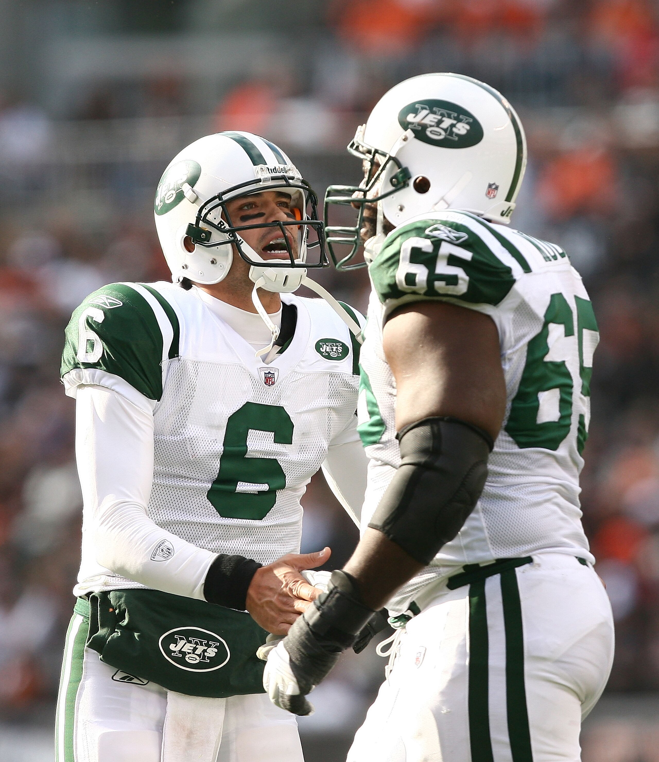 CLEVELAND - NOVEMBER 14: Quarterback Mark Sanchez #6 of the New York Jets celebrates with Brandon Moore #65 after scoring a touchdown against the Cleveland Browns at Cleveland Browns Stadium on November 14, 2010 in Cleveland, Ohio. (Photo by Matt Sulli CLEVELAND - NOVEMBER 14: Quarterback Mark Sanchez #6 of the New York Jets celebrates with Brandon Moore #65 after scoring a touchdown against the Cleveland Browns at Cleveland Browns Stadium on November 14, 2010 in Cleveland, Ohio. (Photo by Matt Sulli