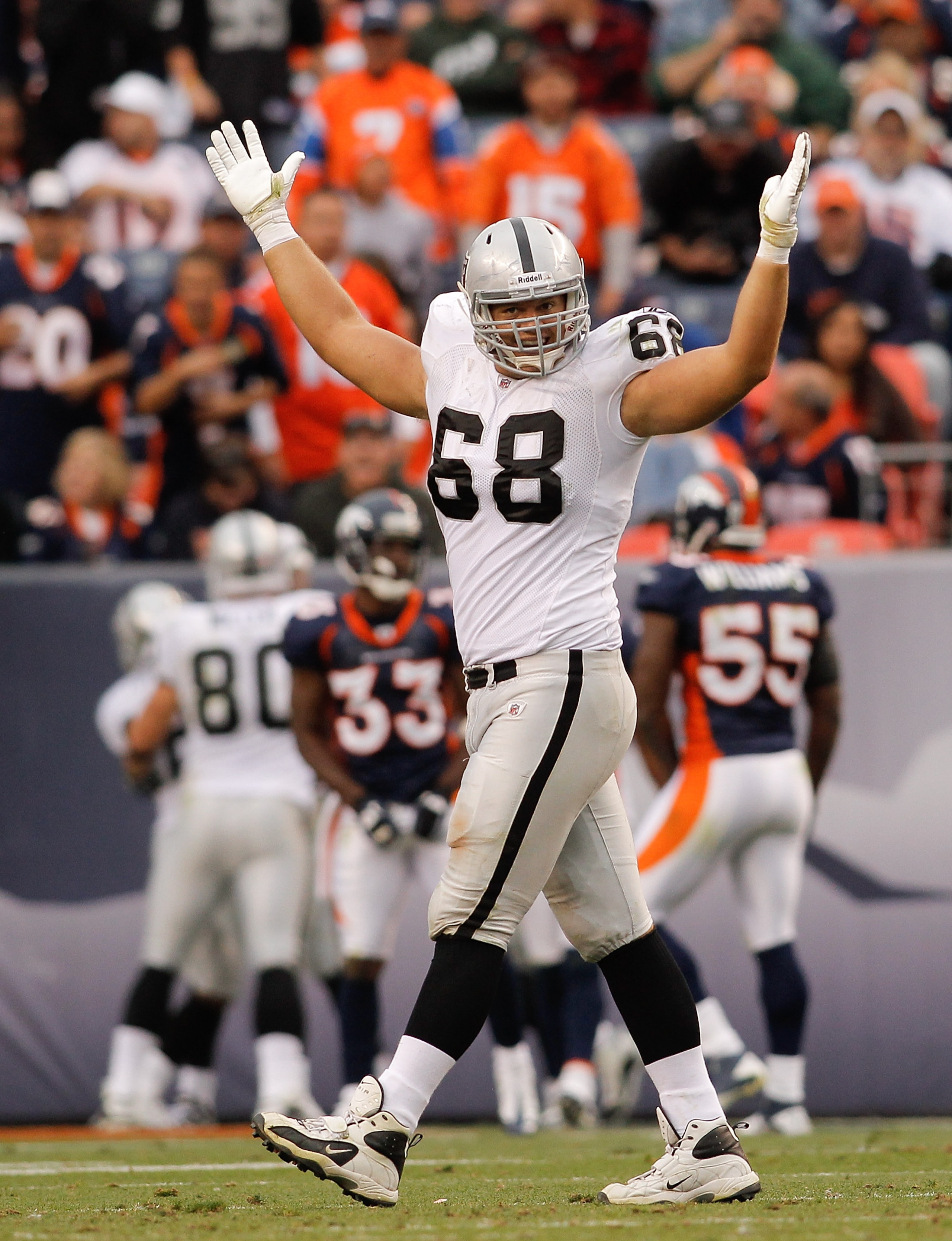 DENVER - OCTOBER 24: Center Jared Veldheer #68 of the Oakland Raiders celebrates a touchdown by teammate Darren McFadden (not pictured) in the third quarter against the Denver Broncos at INVESCO Field at Mile High on October 24, 2010 in Denver, Colorado. DENVER - OCTOBER 24: Center Jared Veldheer #68 of the Oakland Raiders celebrates a touchdown by teammate Darren McFadden (not pictured) in the third quarter against the Denver Broncos at INVESCO Field at Mile High on October 24, 2010 in Denver, Colorado.
