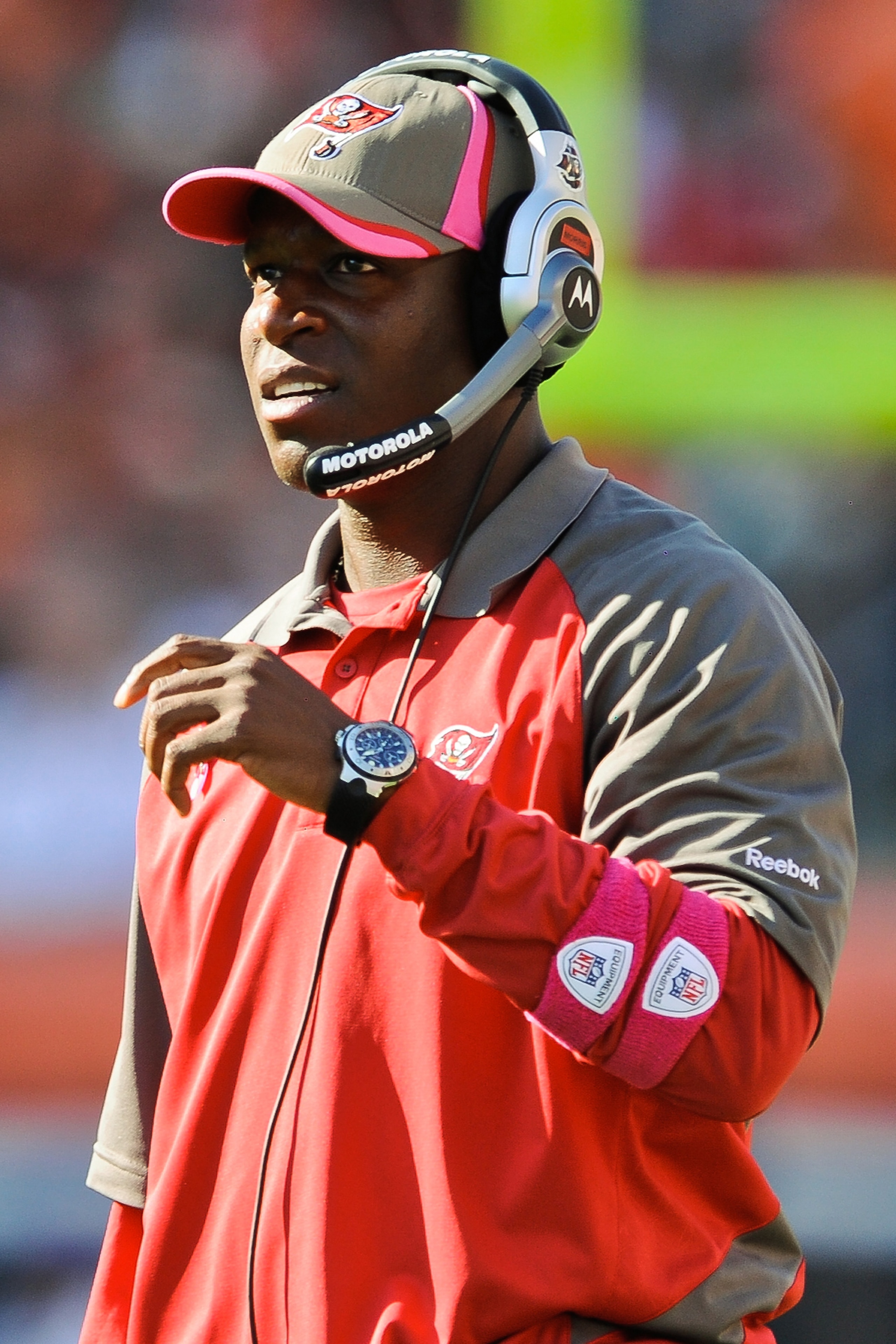 CINCINNATI, OH - OCTOBER 10: Head Coach Raheem Morris of the Tampa Bay Buccaneers watches his team play the Cincinnati Bengals at Paul Brown Stadium on October 10, 2010 in Cincinnati, Ohio. (Photo by Jamie Sabau/Getty Images)
