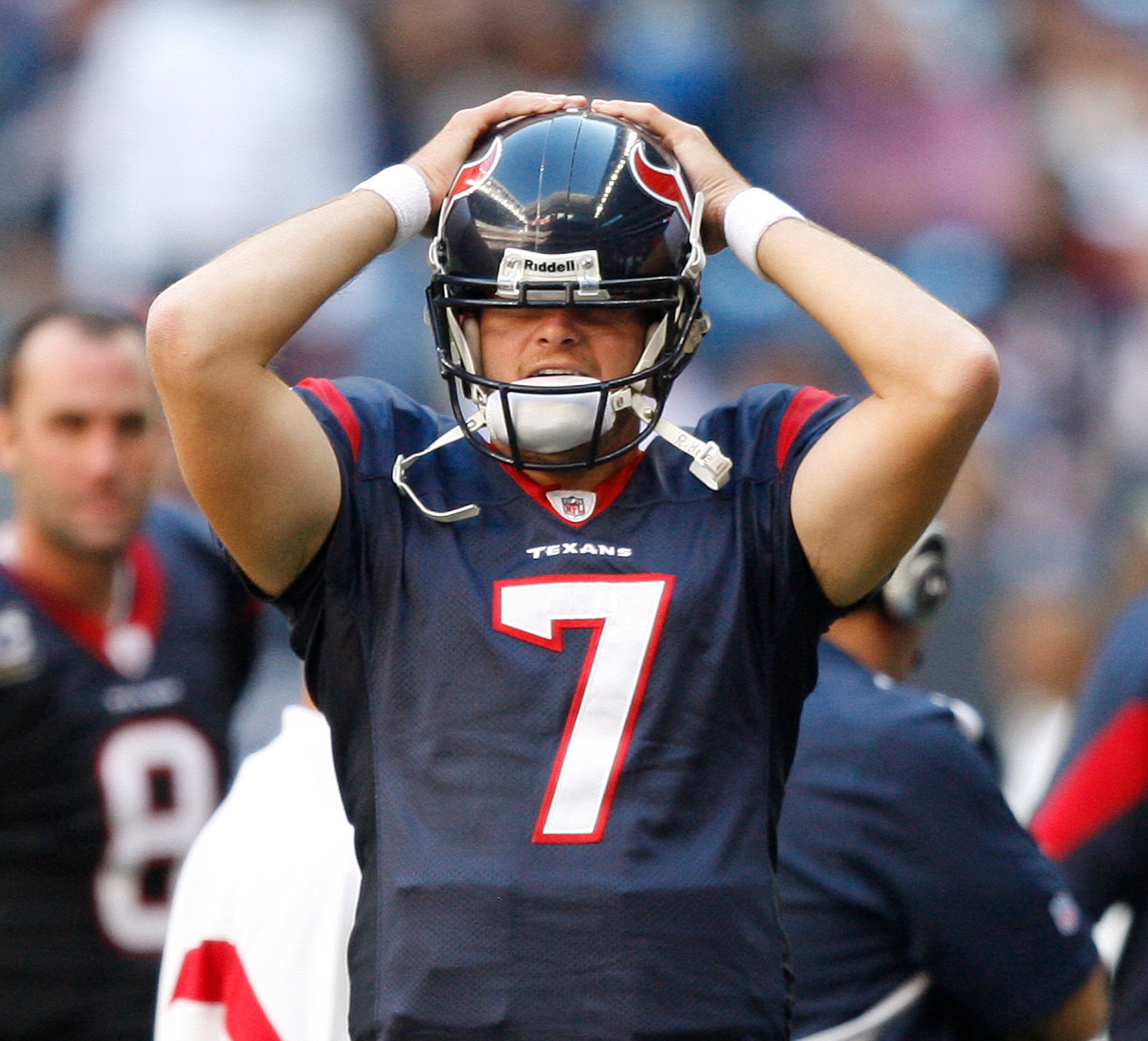 HOUSTON - NOVEMBER 07:  Dan Orlovsky #7 of the Houston Texans reacts after a late interception by San Diego was not overturned on a challenge at Reliant Stadium on November 7, 2010 in Houston, Texas.  (Photo by Bob Levey/Getty Images)